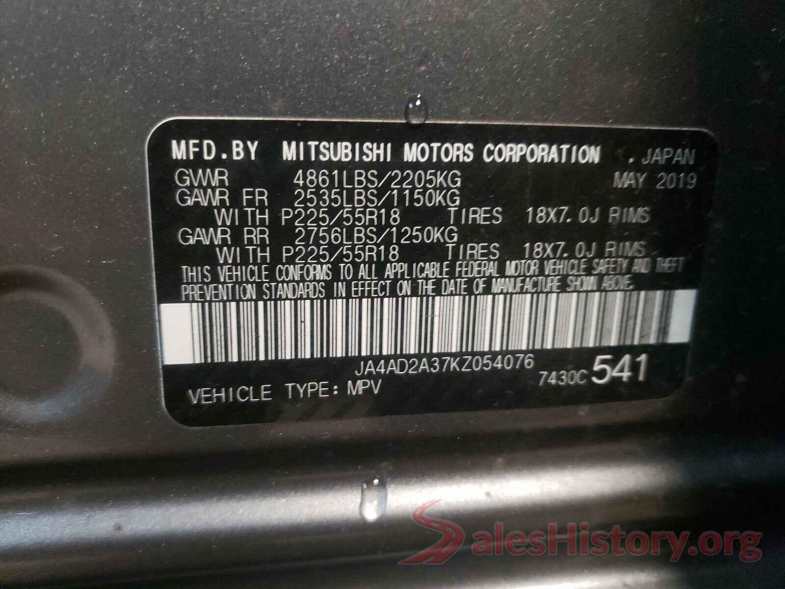 JA4AD2A37KZ054076 2019 MITSUBISHI OUTLANDER