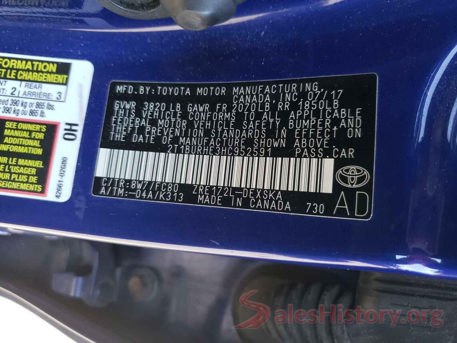 2T1BURHE3HC952591 2017 TOYOTA COROLLA