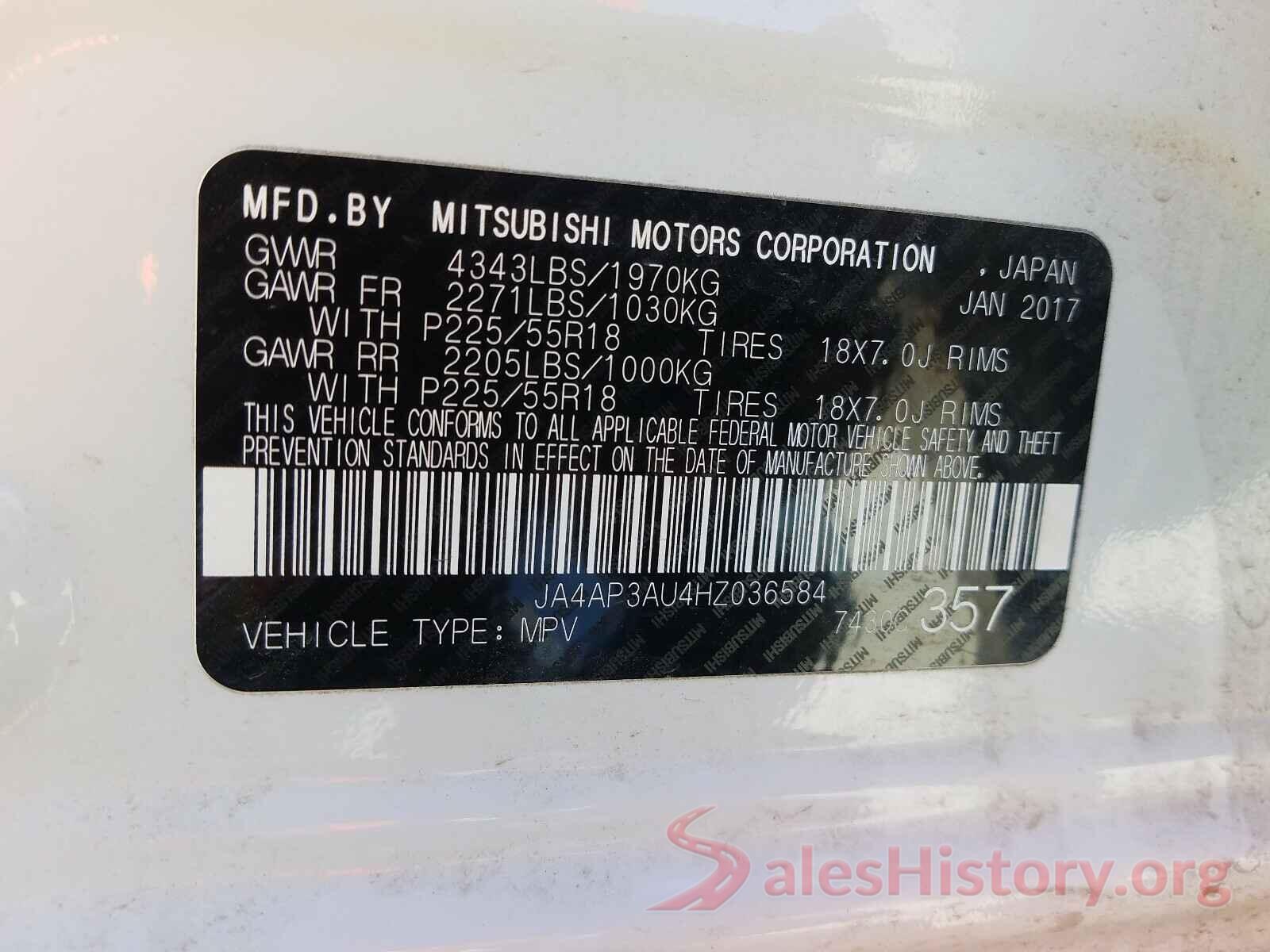 JA4AP3AU4HZ036584 2017 MITSUBISHI OUTLANDER