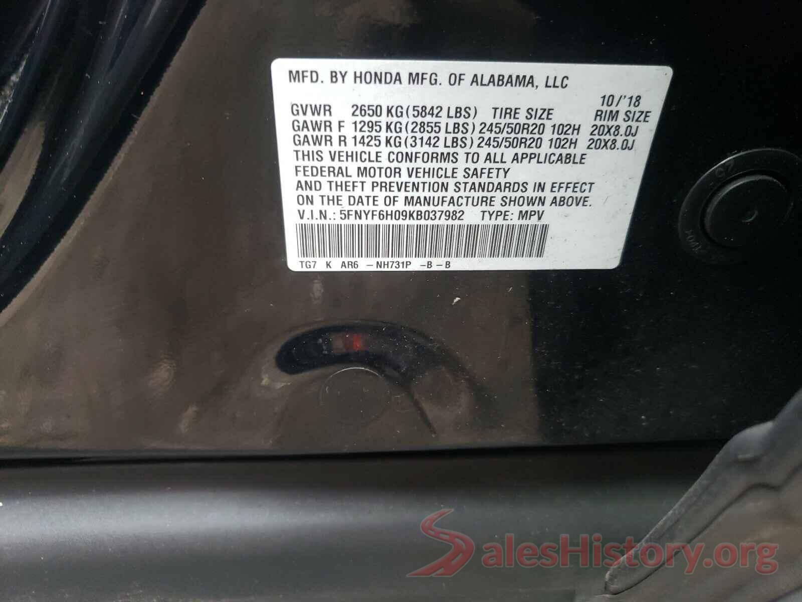 5FNYF6H09KB037982 2019 HONDA PILOT