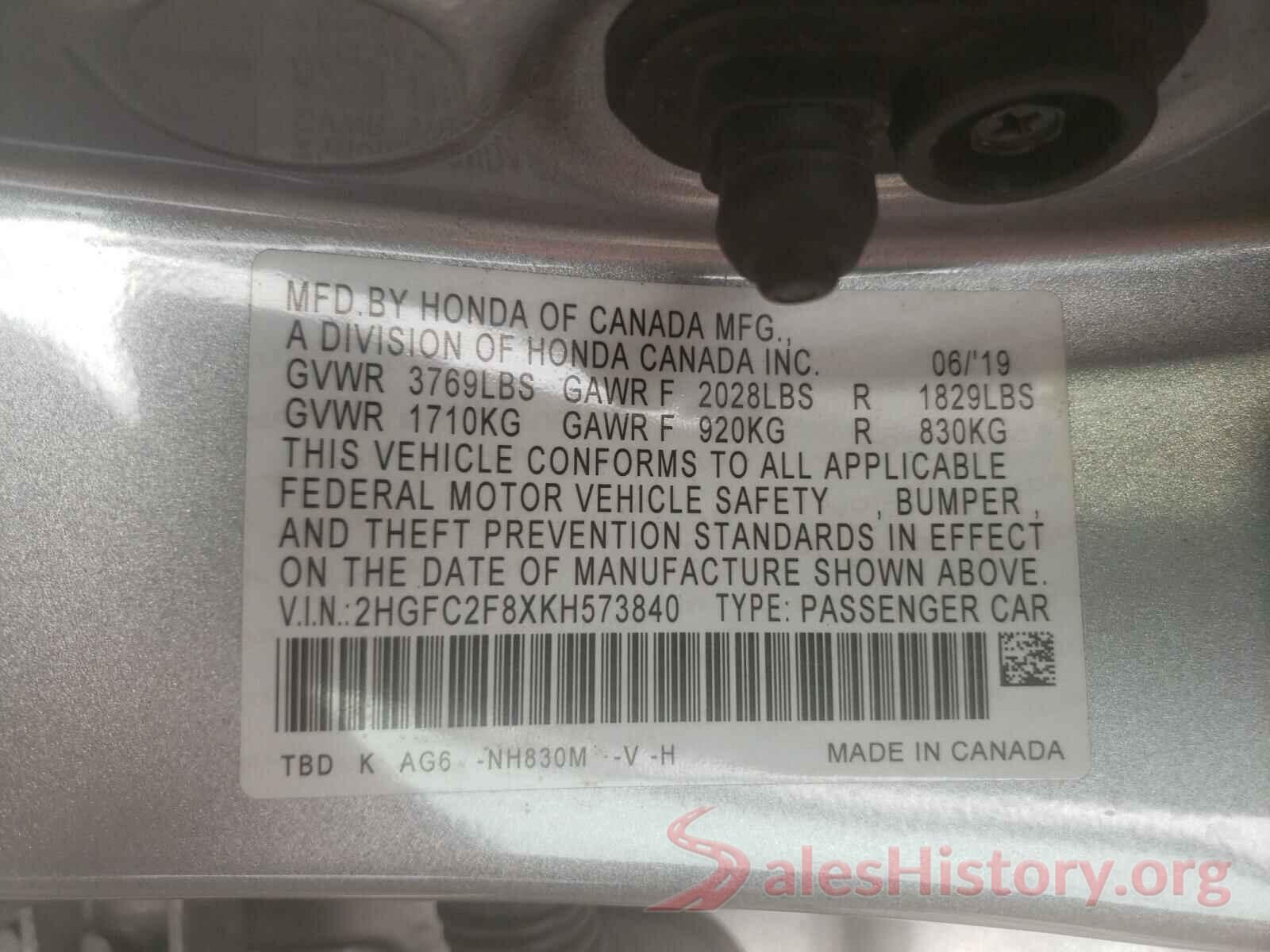 2HGFC2F8XKH573840 2019 HONDA CIVIC