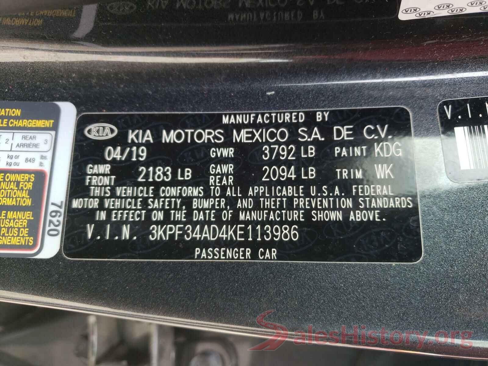 3KPF34AD4KE113986 2019 KIA FORTE