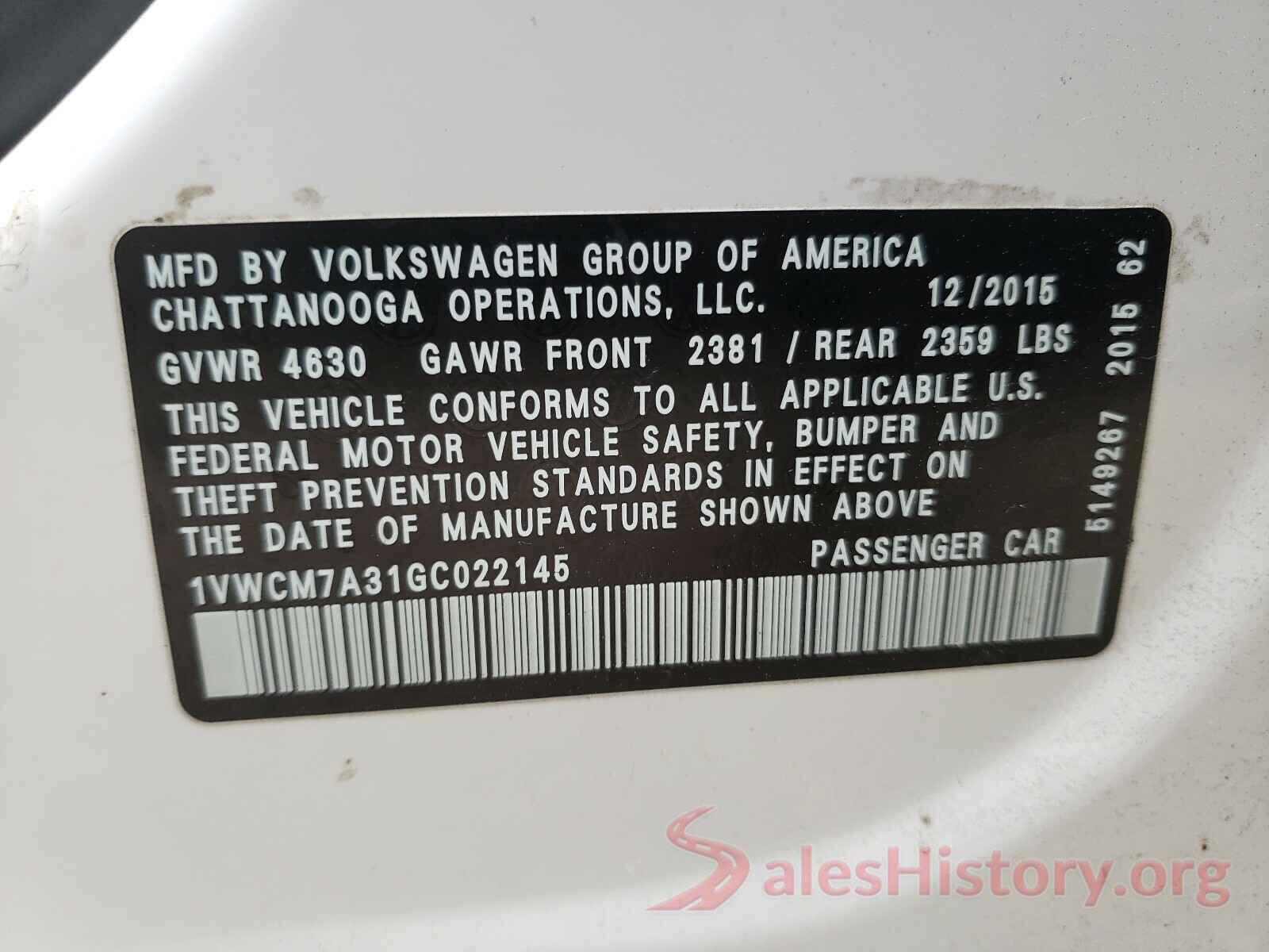 1VWCM7A31GC022145 2016 VOLKSWAGEN PASSAT