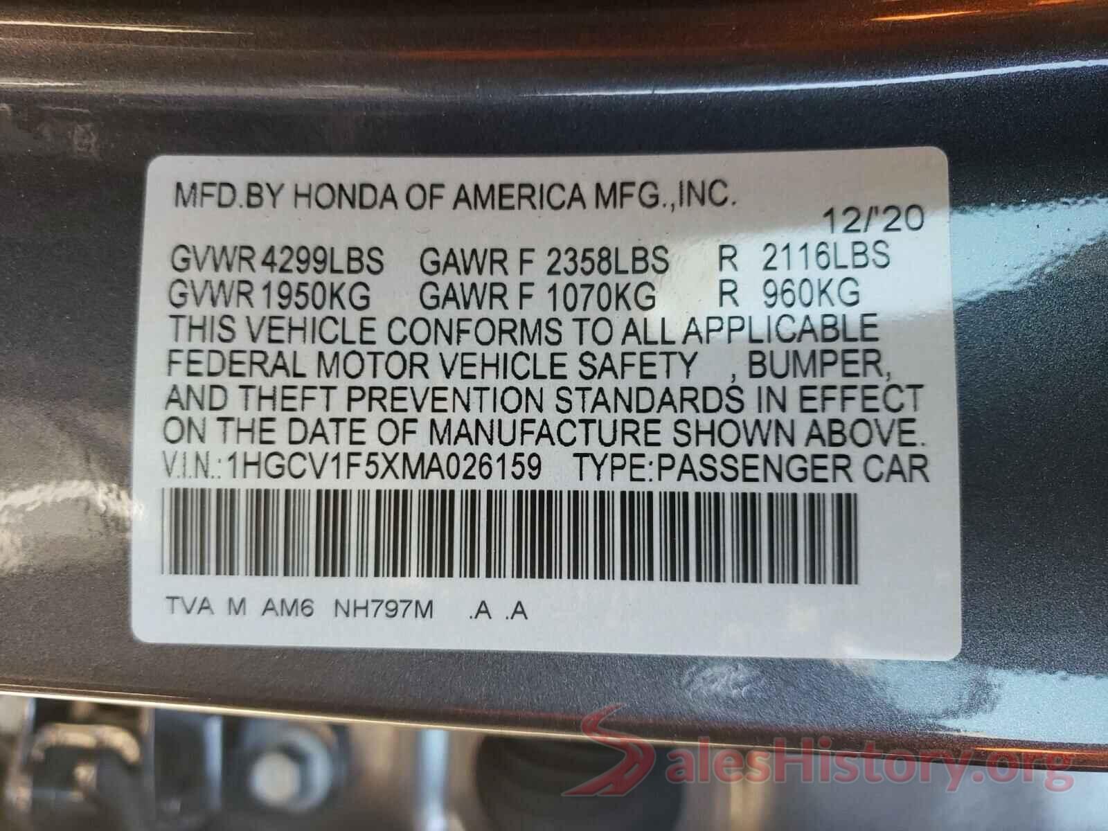 1HGCV1F5XMA026159 2021 HONDA ACCORD