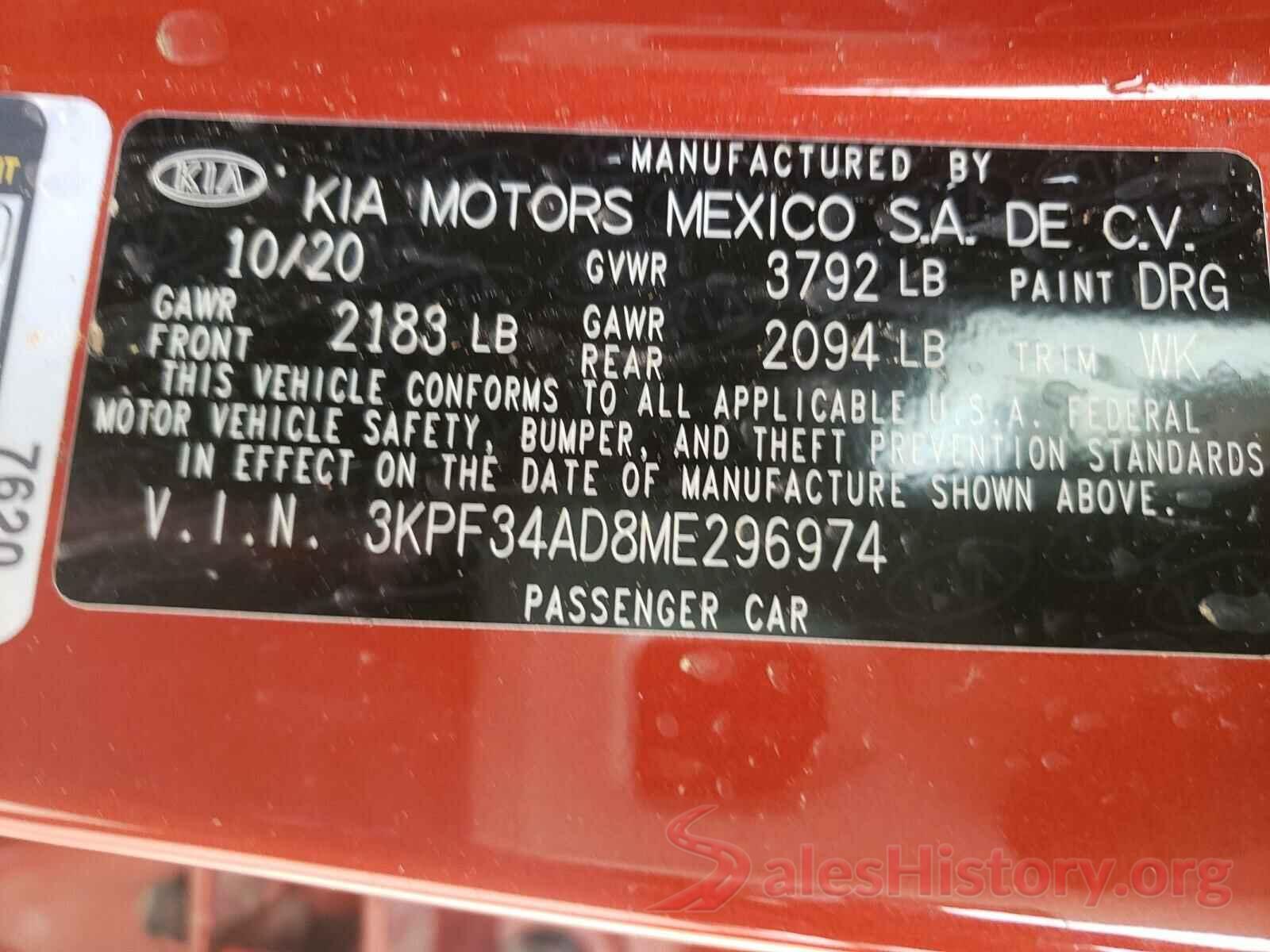 3KPF34AD8ME296974 2021 KIA FORTE