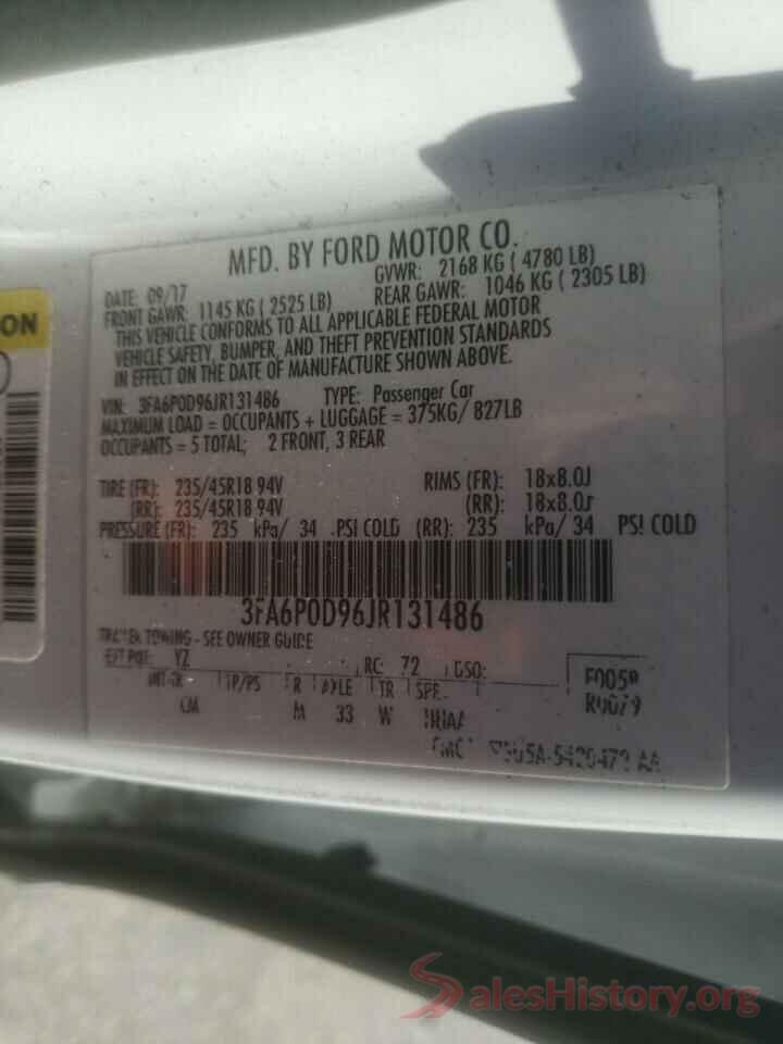 3FA6P0D96JR131486 2018 FORD FUSION