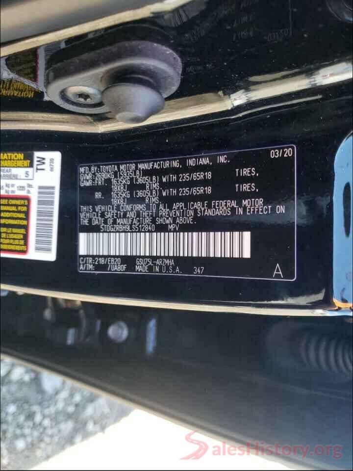 5TDGZRBH9LS512840 2020 TOYOTA HIGHLANDER