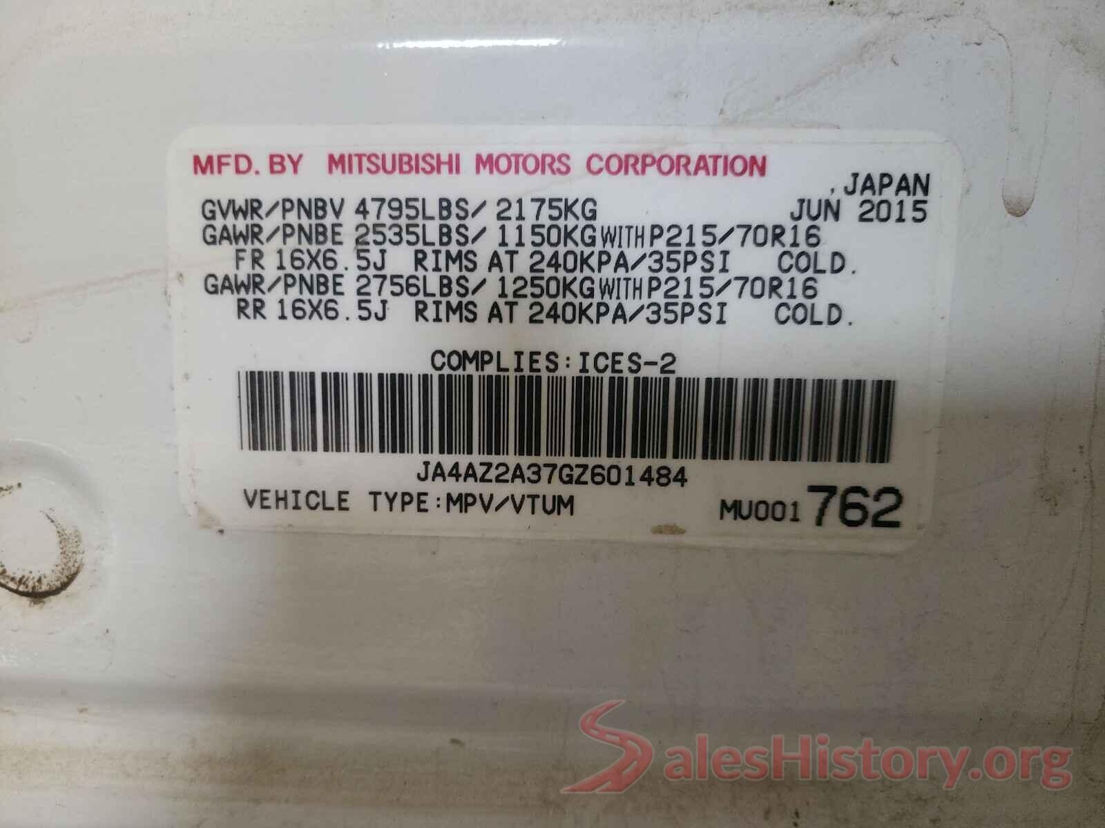 JA4AZ2A37GZ601484 2016 MITSUBISHI OUTLANDER