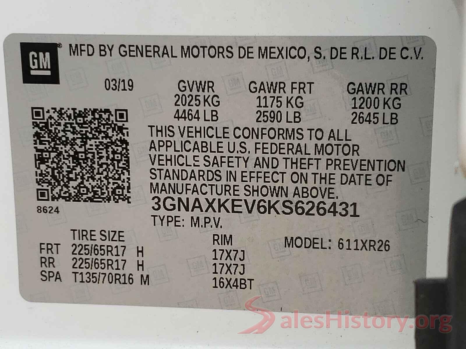 3GNAXKEV6KS626431 2019 CHEVROLET EQUINOX