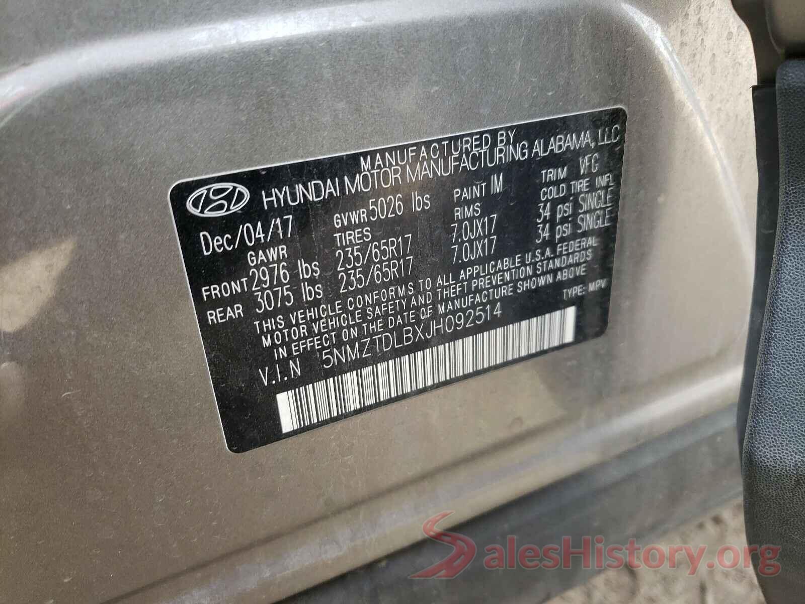 5NMZTDLBXJH092514 2018 HYUNDAI SANTA FE