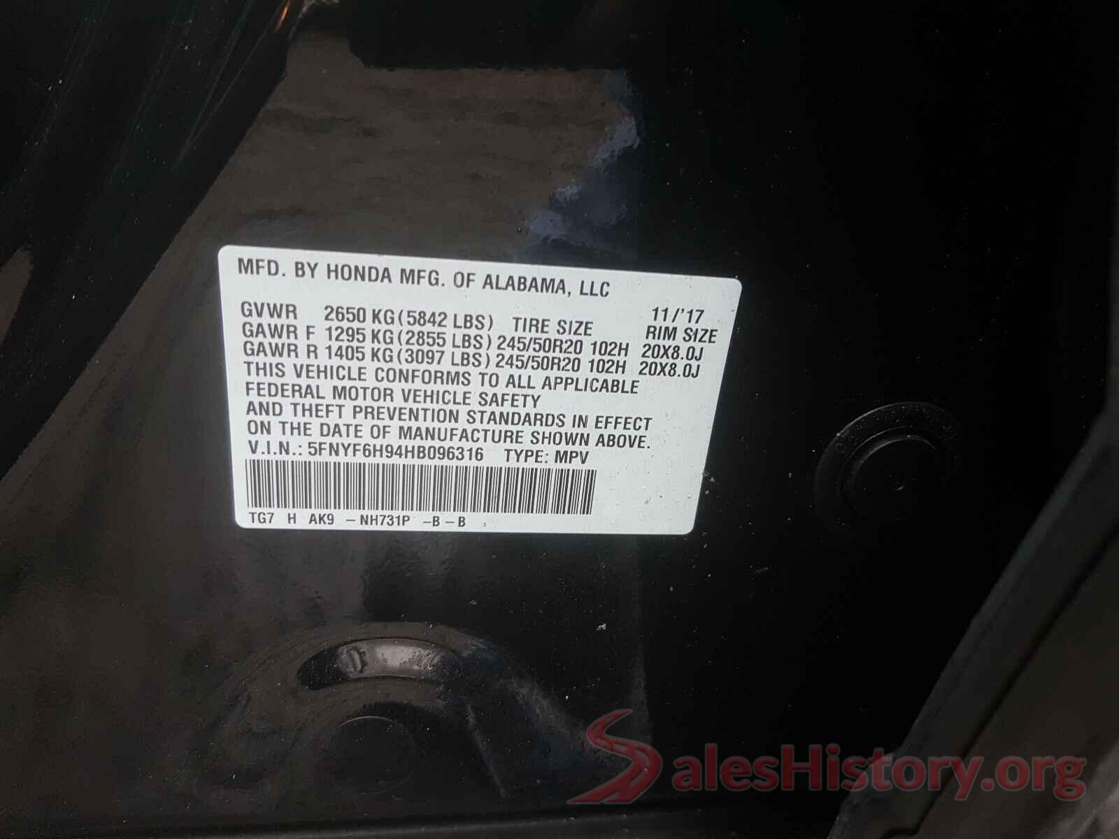 5FNYF6H94HB096316 2017 HONDA PILOT