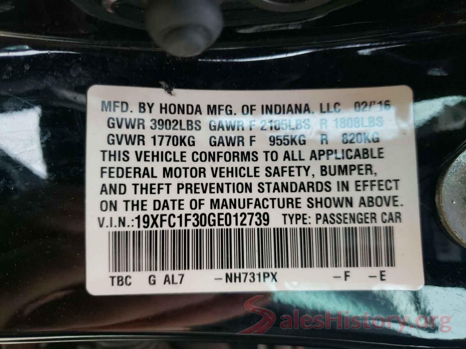 19XFC1F30GE012739 2016 HONDA CIVIC