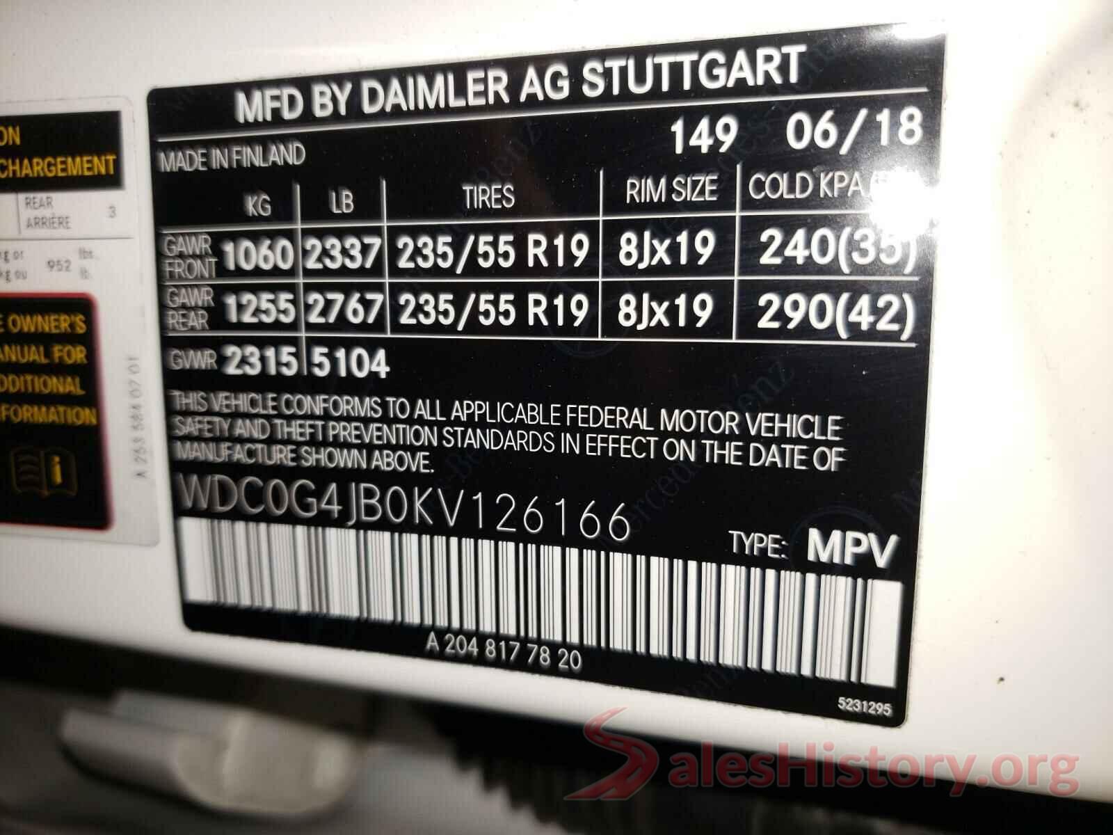 WDC0G4JB0KV126166 2019 MERCEDES-BENZ G CLASS