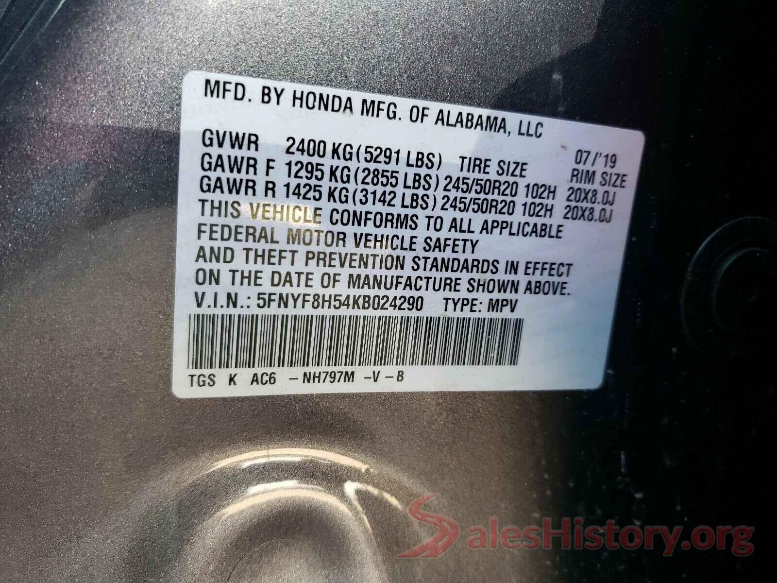 5FNYF8H54KB024290 2019 HONDA PASSPORT