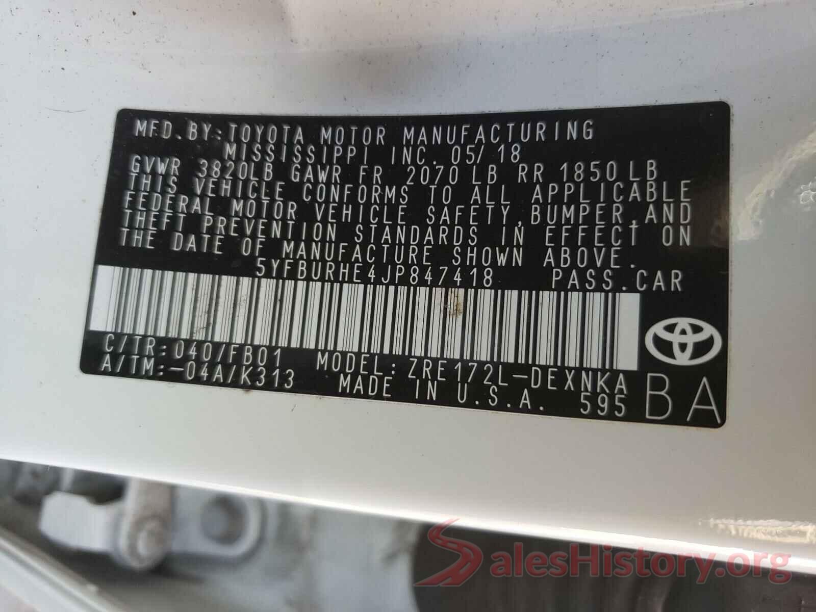 5YFBURHE4JP847418 2018 TOYOTA COROLLA