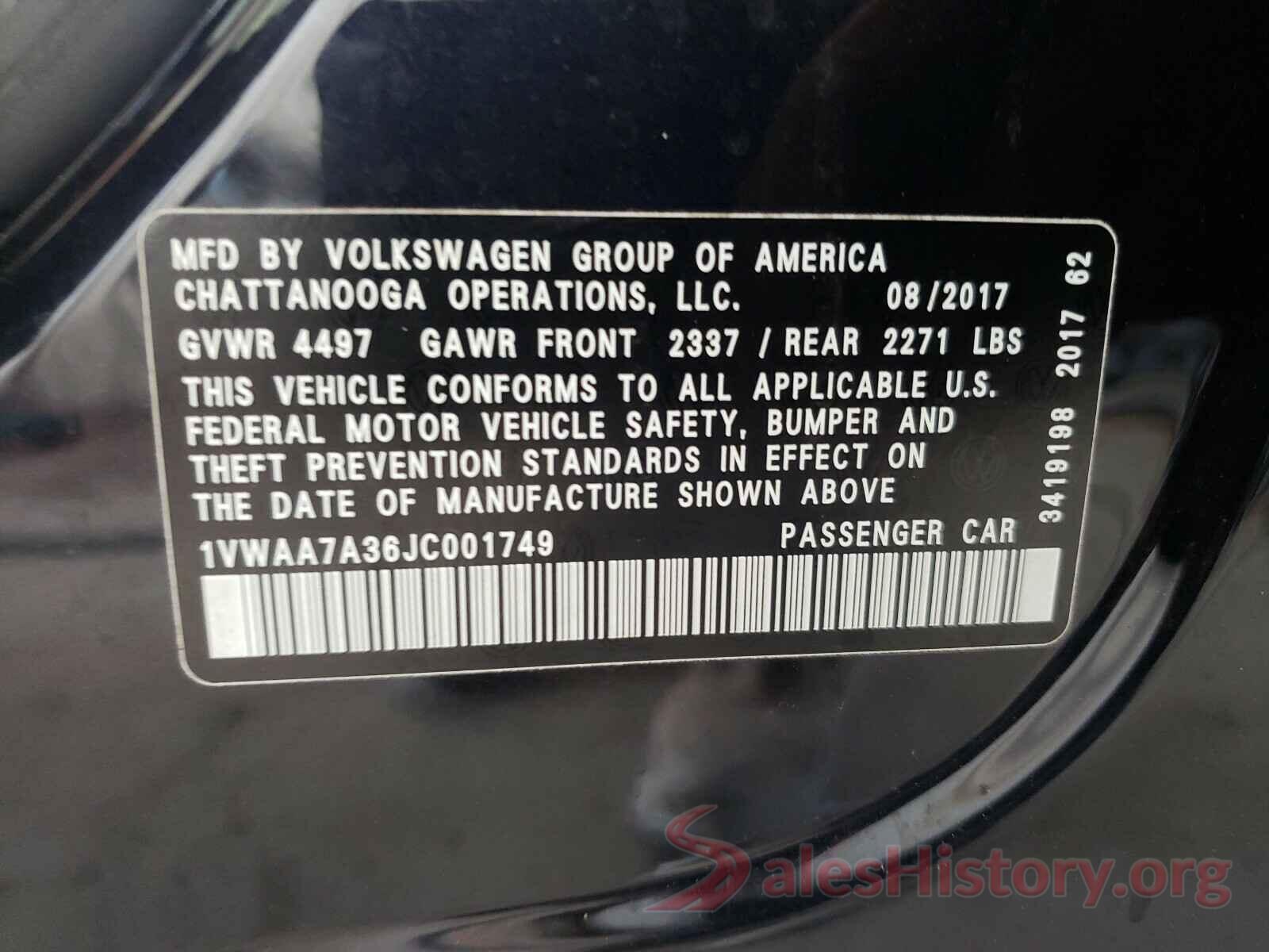 1VWAA7A36JC001749 2018 VOLKSWAGEN PASSAT