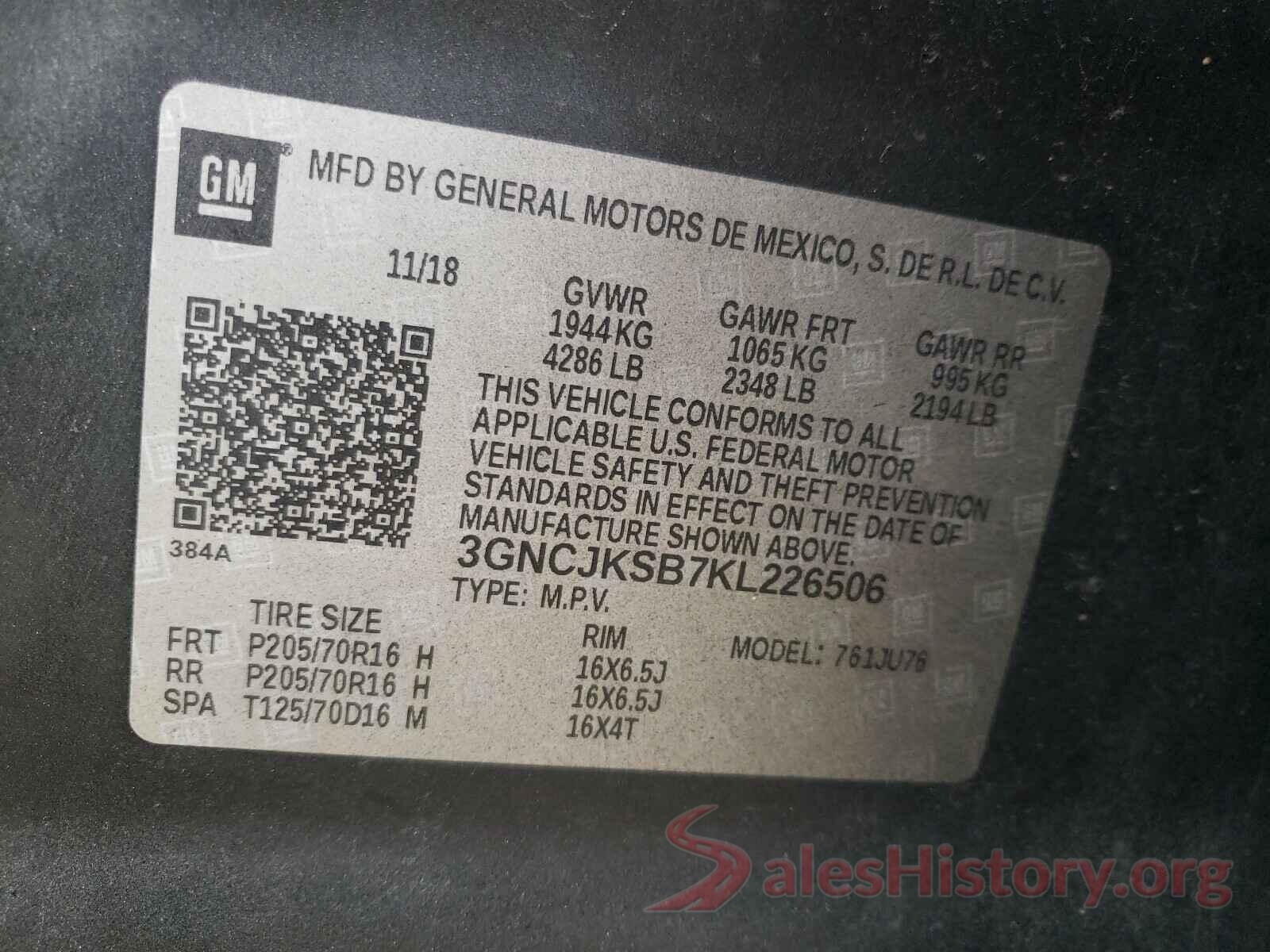 3GNCJKSB7KL226506 2019 CHEVROLET TRAX