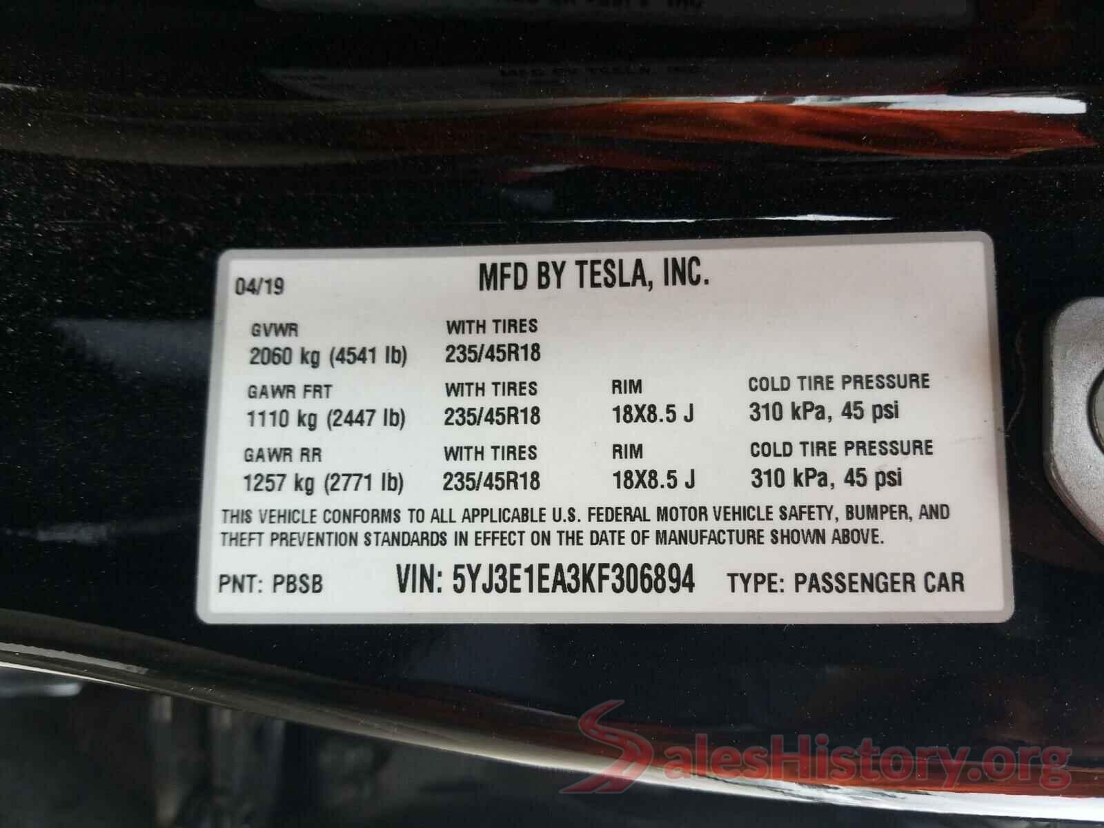 5YJ3E1EA3KF306894 2019 TESLA MODEL 3