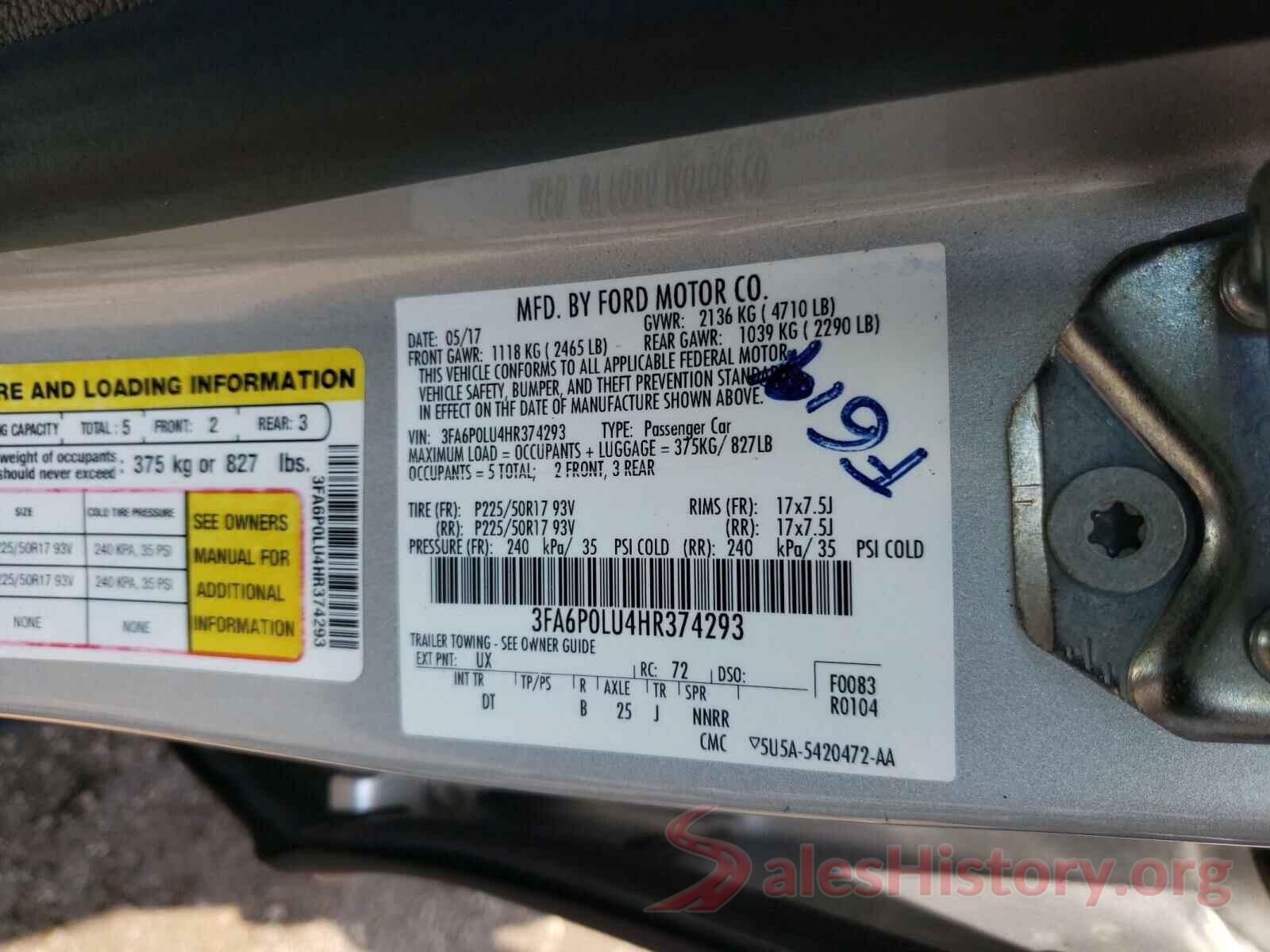 3FA6P0LU4HR374293 2017 FORD FUSION