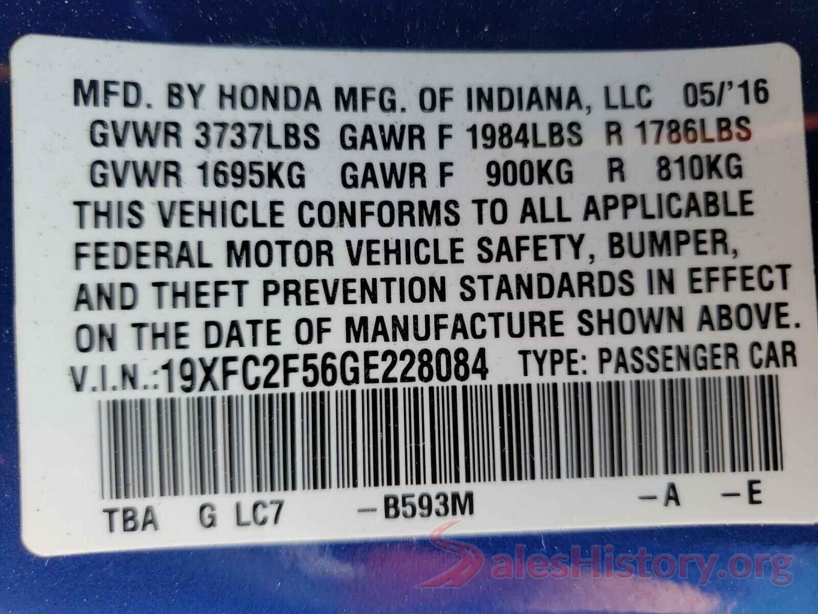 19XFC2F56GE228084 2016 HONDA CIVIC