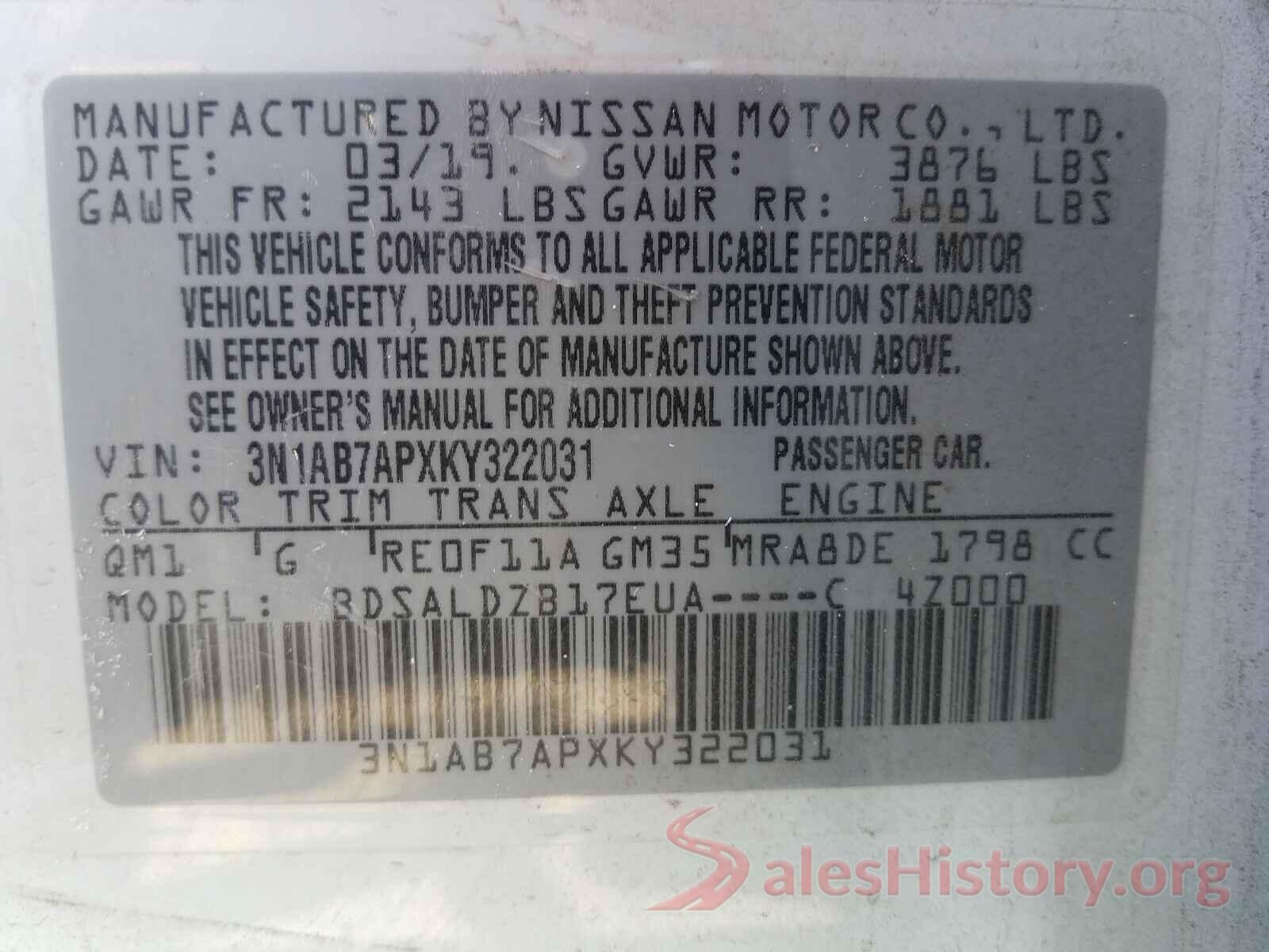 3N1AB7APXKY322031 2019 NISSAN SENTRA