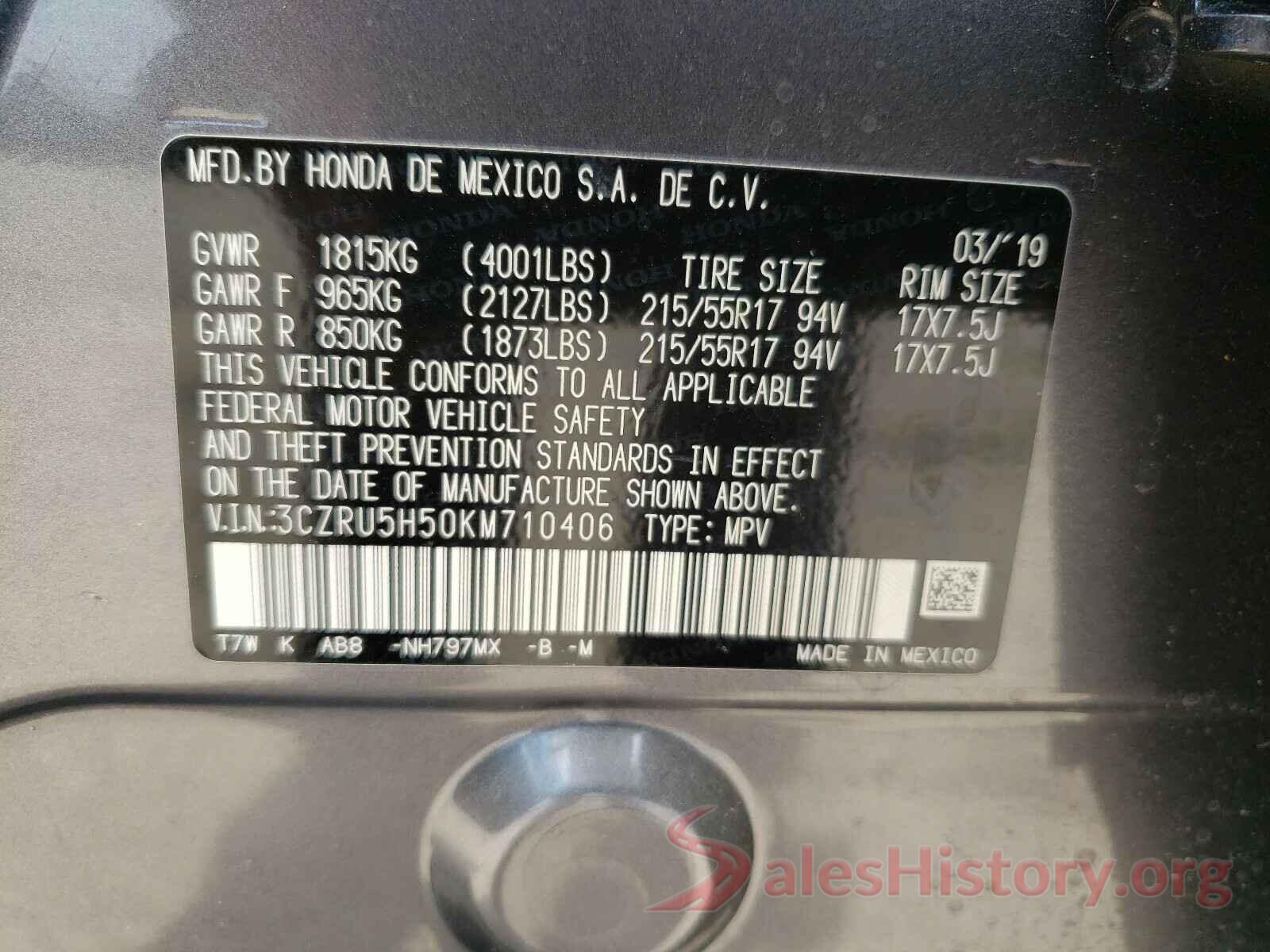 3CZRU5H50KM710406 2019 HONDA HR-V