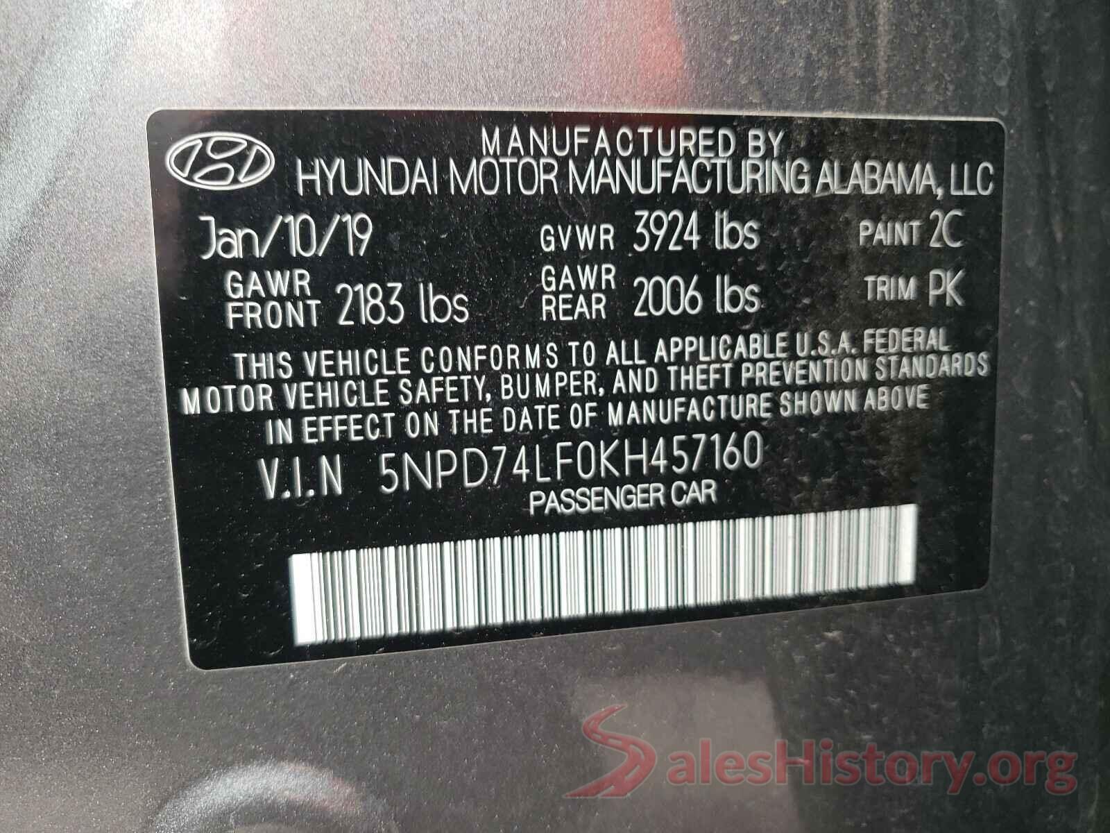 5NPD74LF0KH457160 2019 HYUNDAI ELANTRA