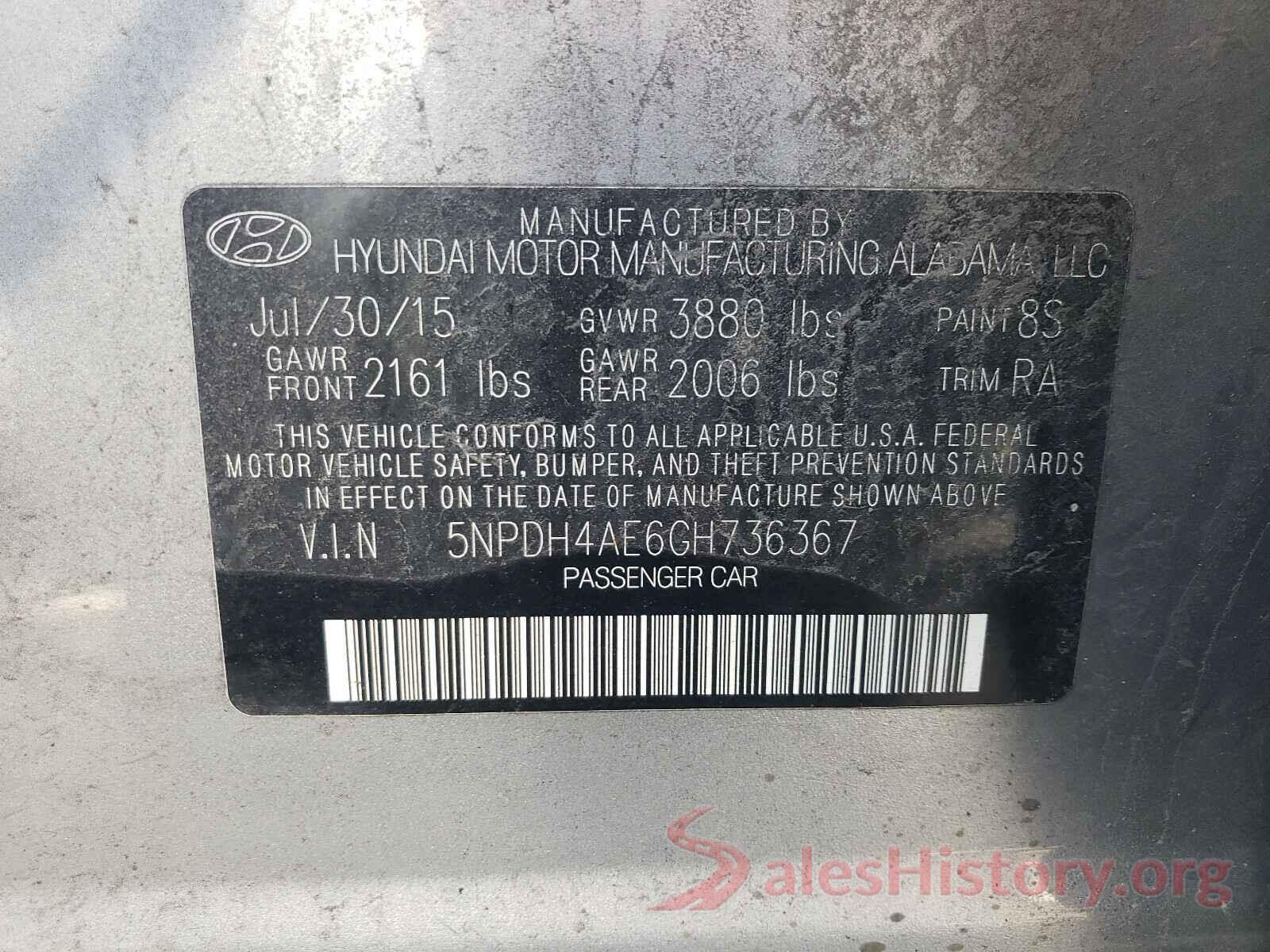 5NPDH4AE6GH736367 2016 HYUNDAI ELANTRA