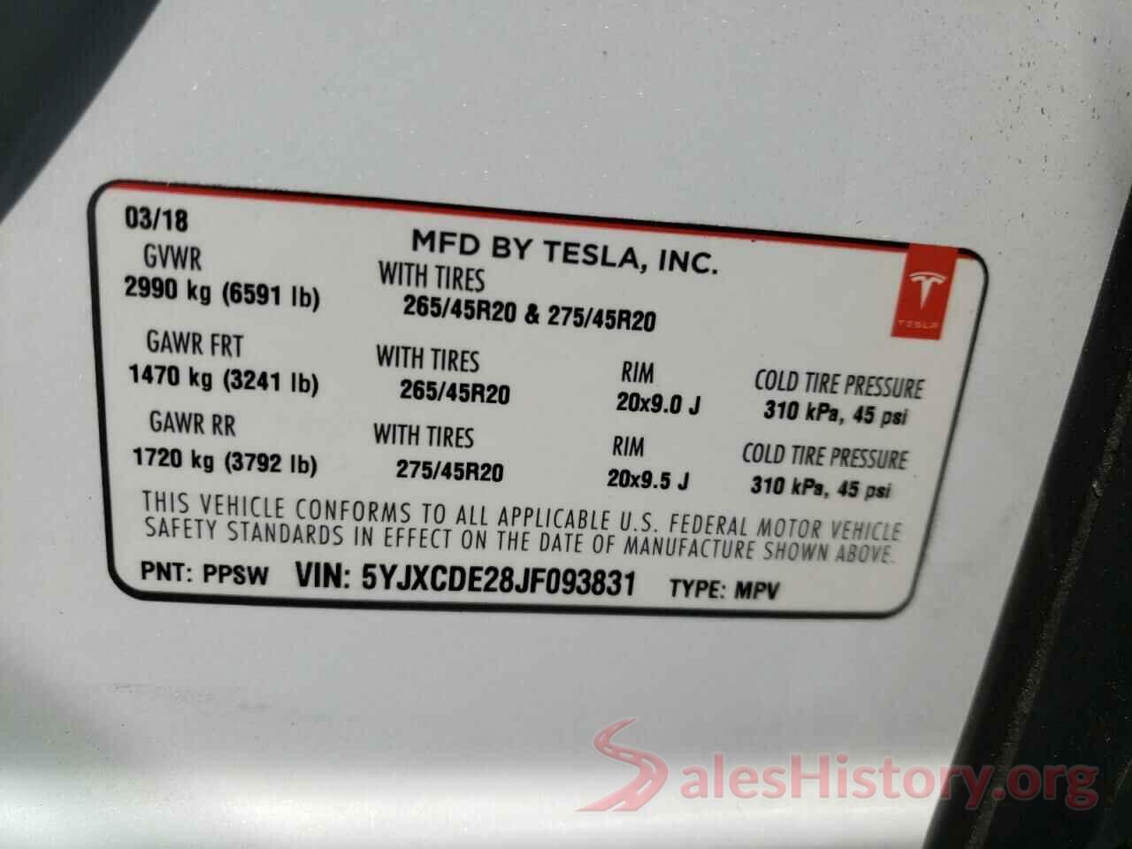 5YJXCDE28JF093831 2018 TESLA MODEL X