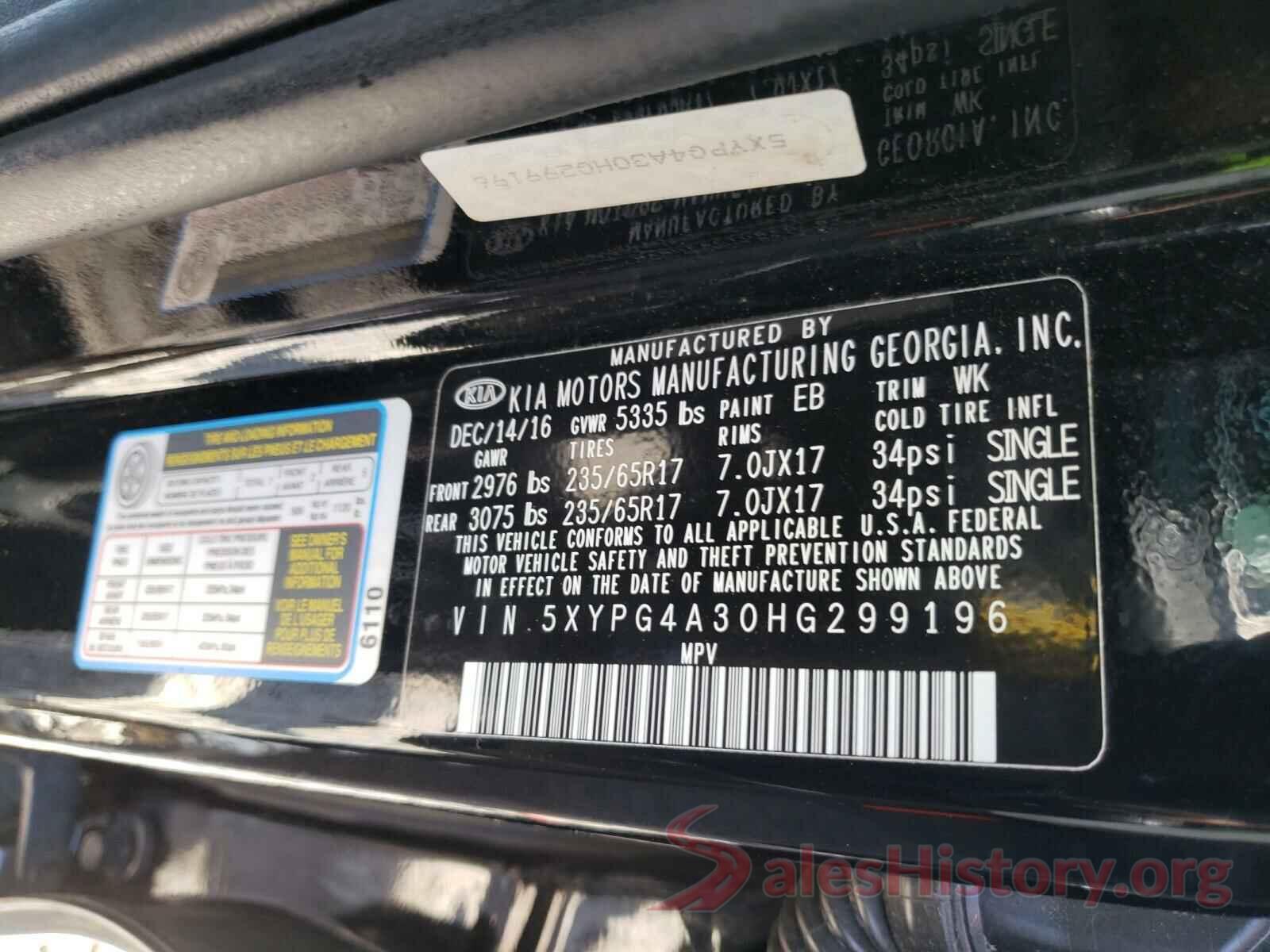 5XYPG4A30HG299196 2017 KIA SORENTO