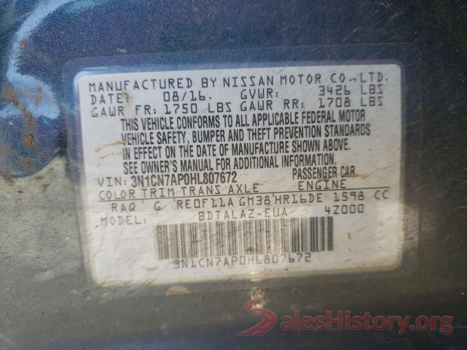 3N1CN7AP0HL807672 2017 NISSAN VERSA