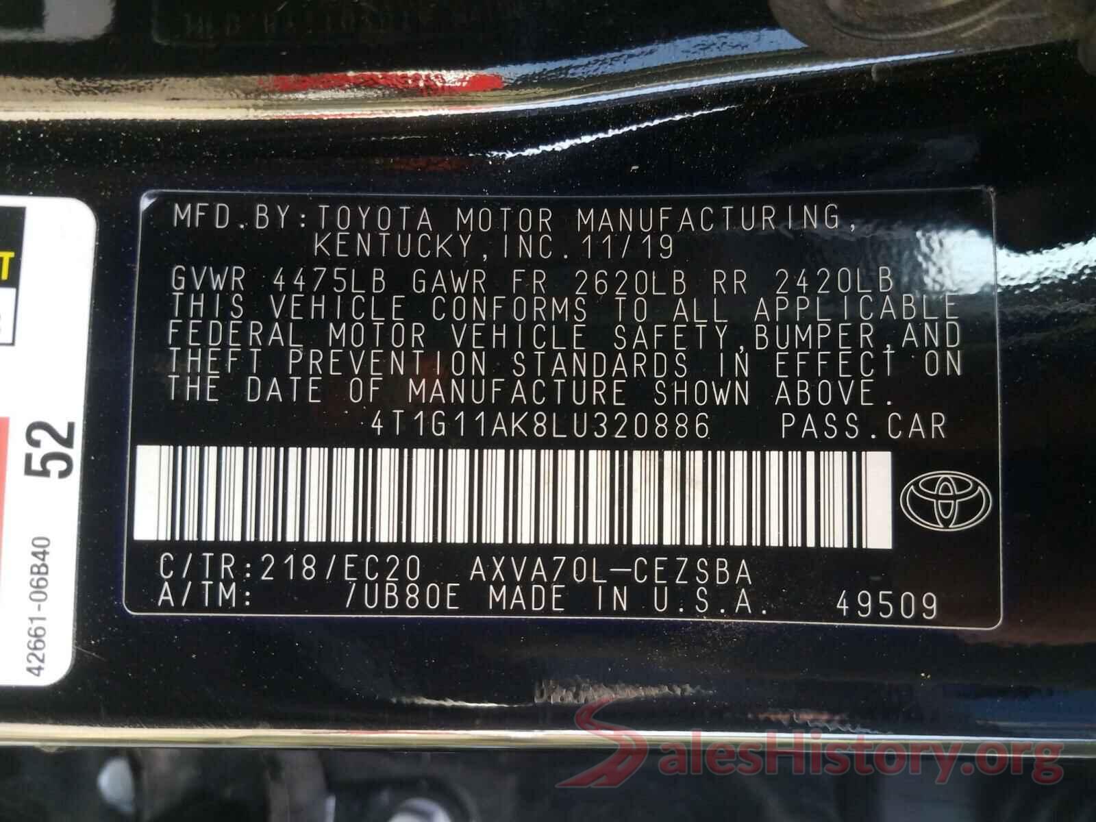 4T1G11AK8LU320886 2020 TOYOTA CAMRY