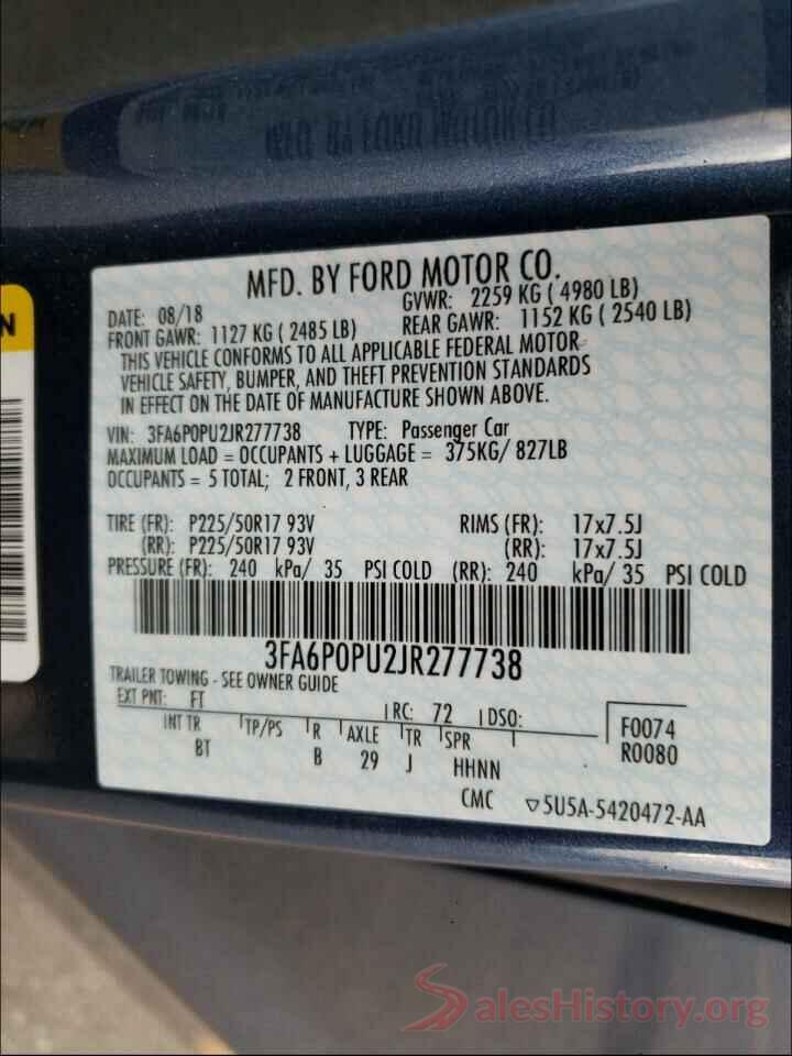 3FA6P0PU2JR277738 2018 FORD FUSION