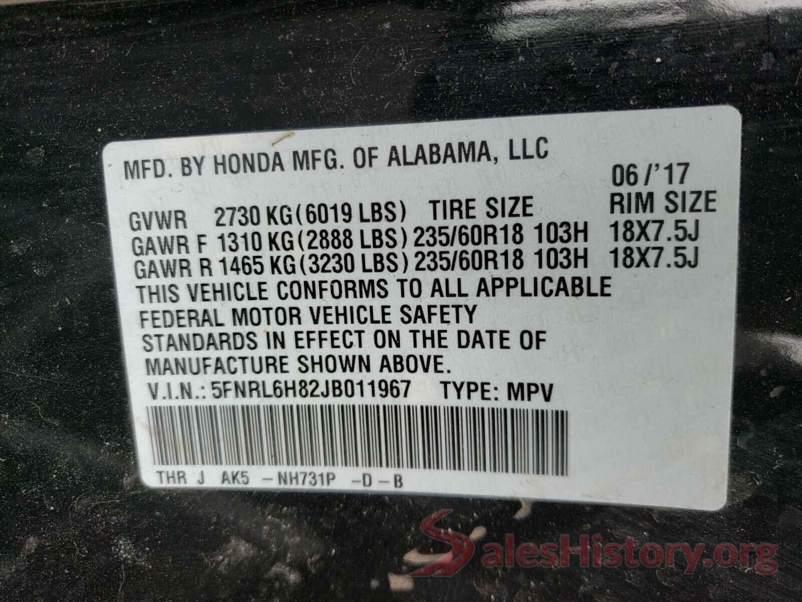 5FNRL6H82JB011967 2018 HONDA ODYSSEY