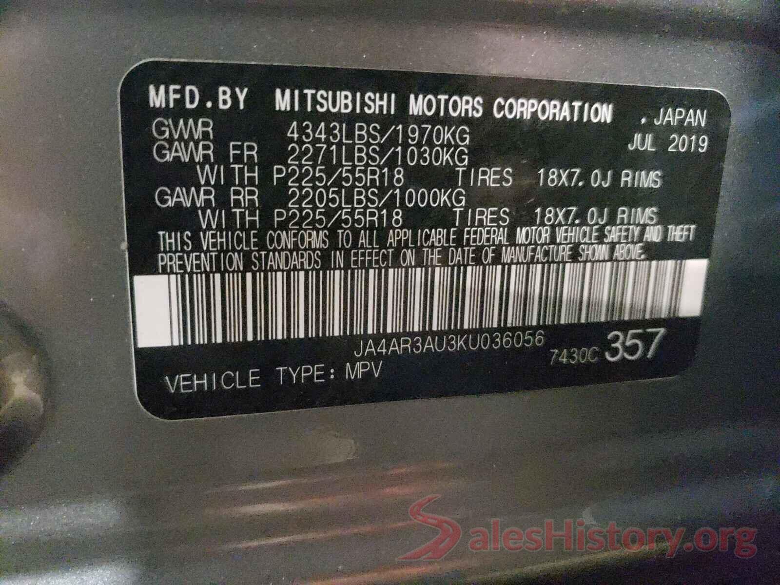 JA4AR3AU3KU036056 2019 MITSUBISHI OUTLANDER