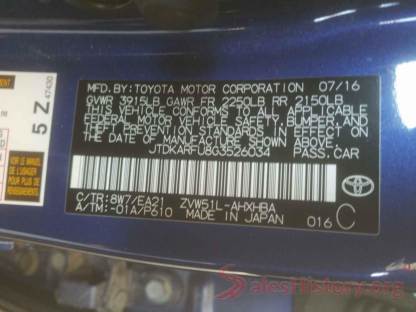 JTDKARFU8G3526034 2016 TOYOTA PRIUS