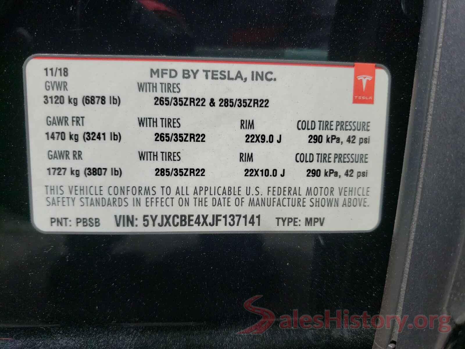 5YJXCBE4XJF137141 2018 TESLA MODEL X