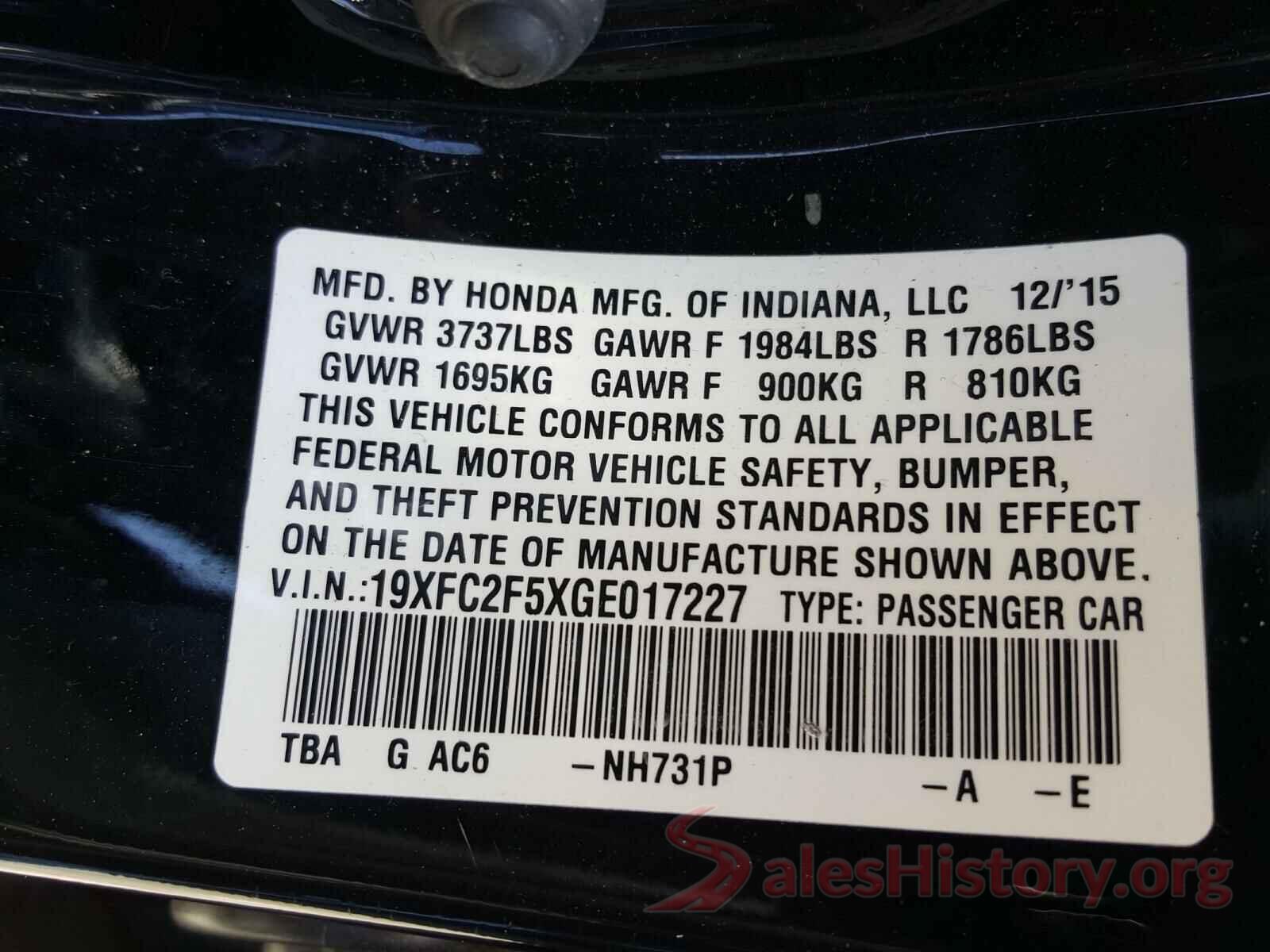 19XFC2F5XGE017227 2016 HONDA CIVIC