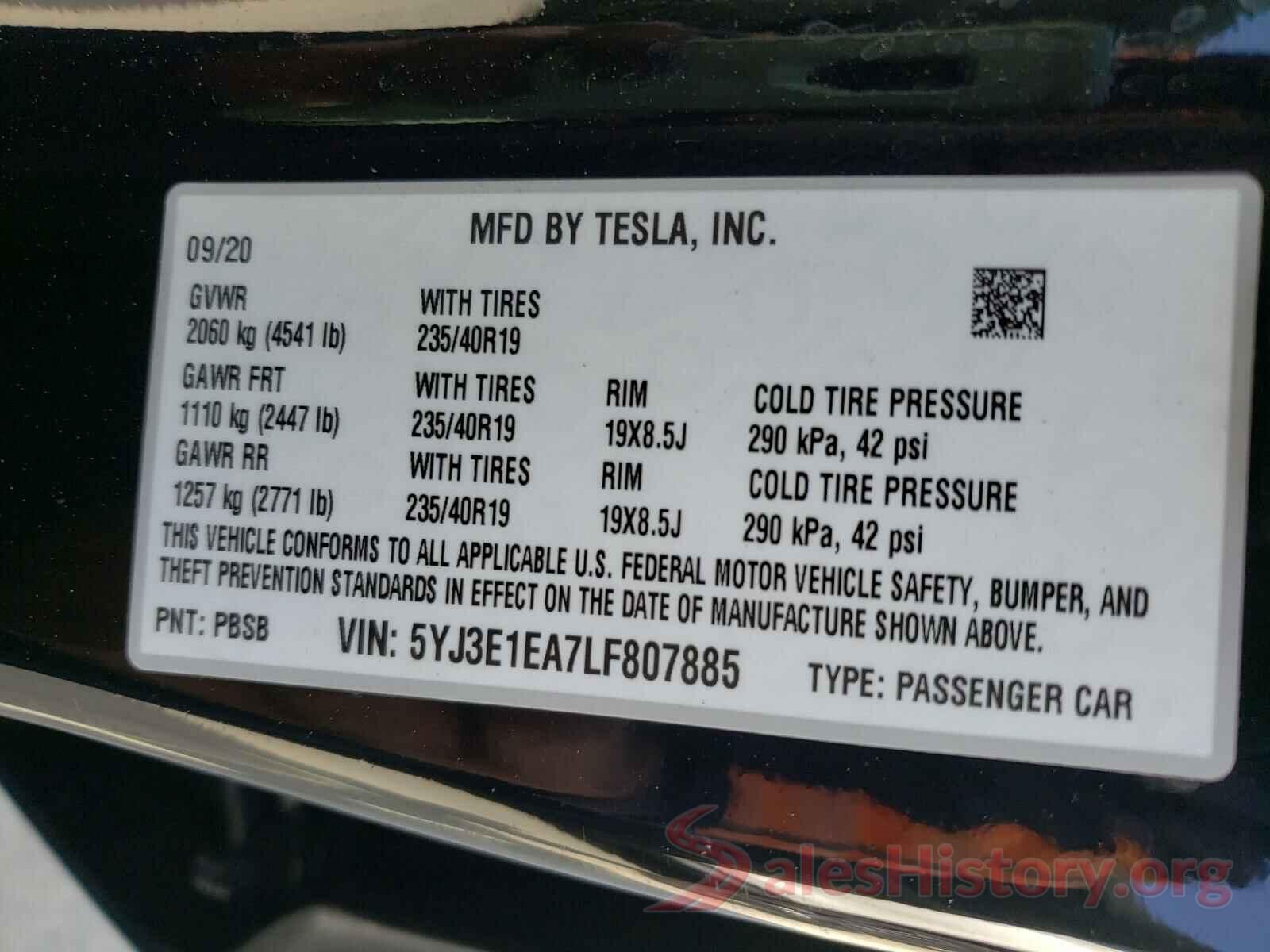 5YJ3E1EA7LF807885 2020 TESLA MODEL 3