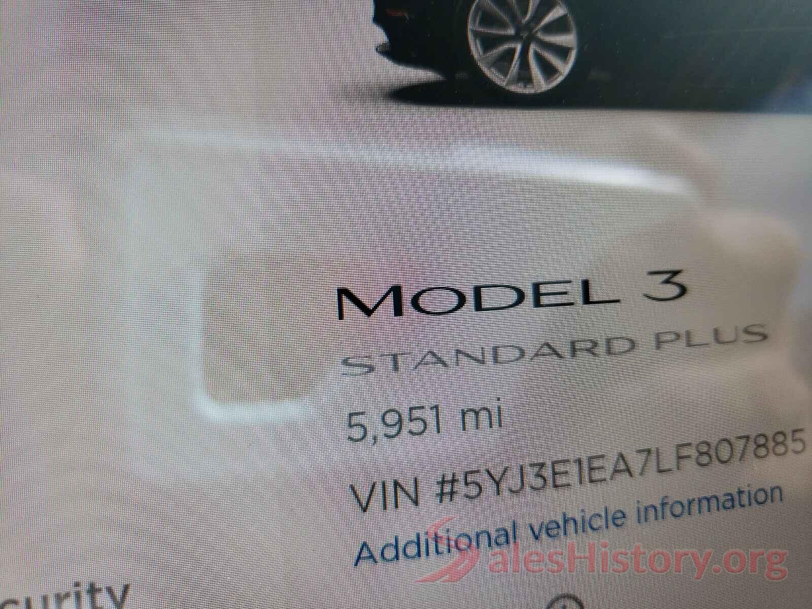 5YJ3E1EA7LF807885 2020 TESLA MODEL 3