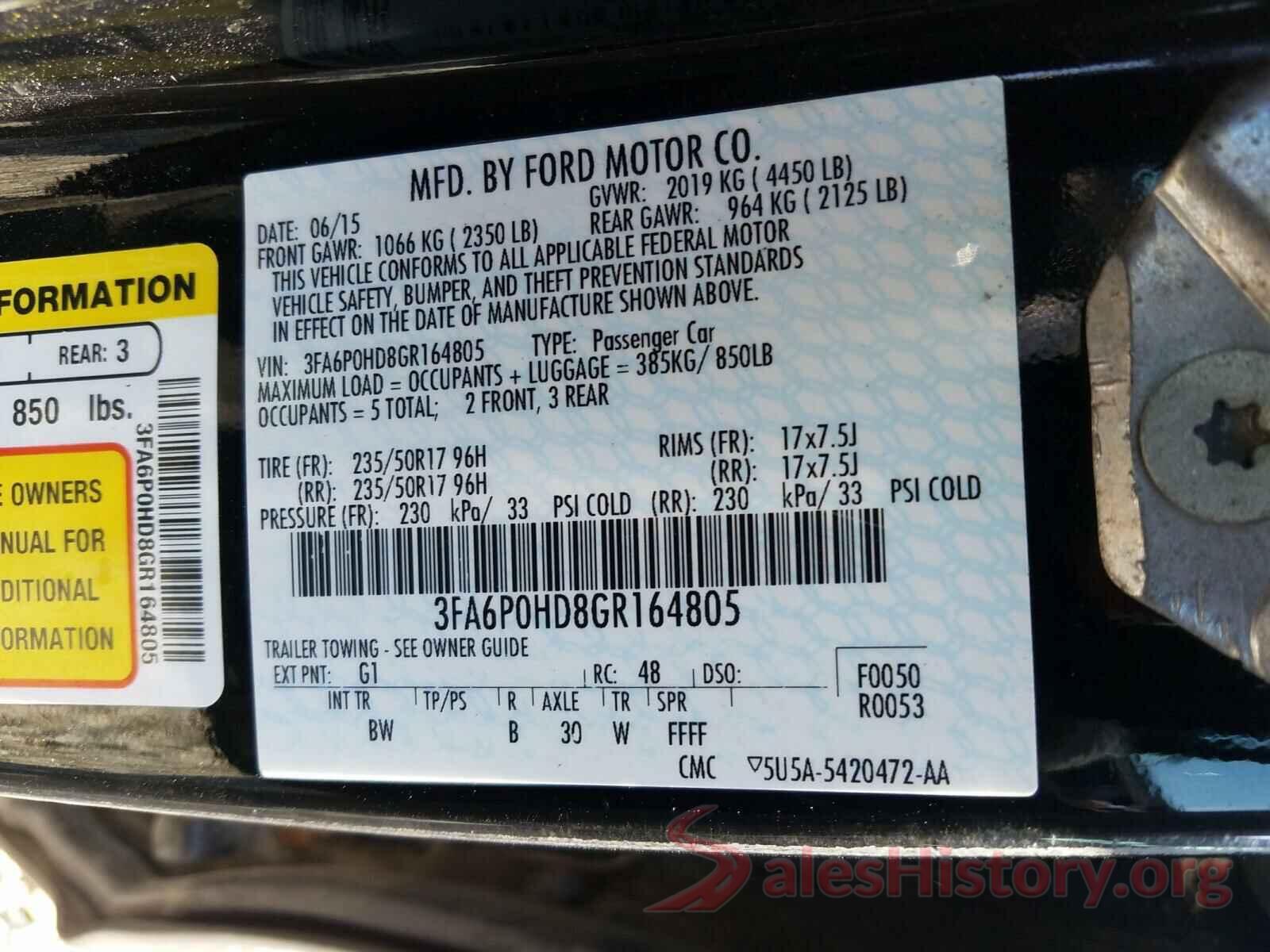 3FA6P0HD8GR164805 2016 FORD FUSION