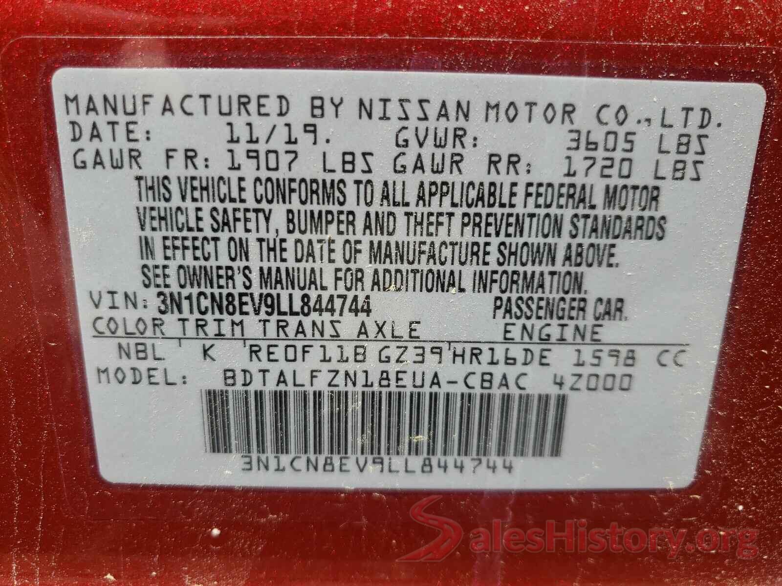 3N1CN8EV9LL844744 2020 NISSAN VERSA