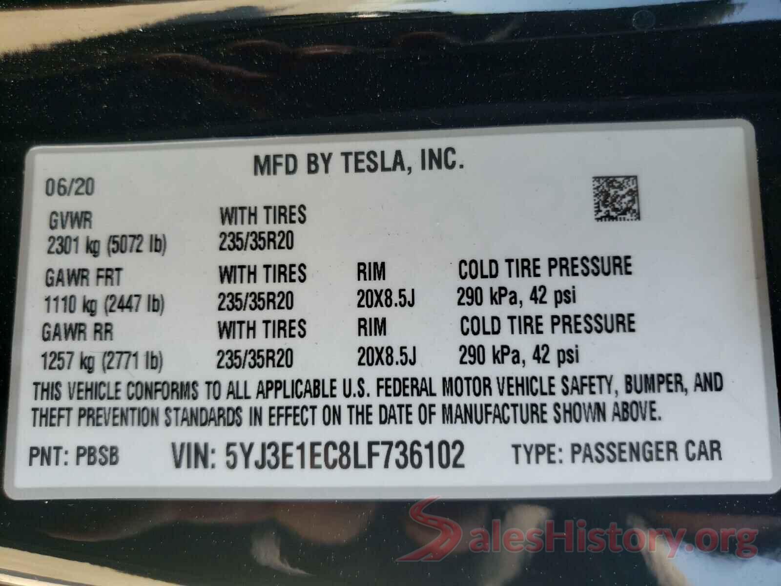 5YJ3E1EC8LF736102 2020 TESLA MODEL 3