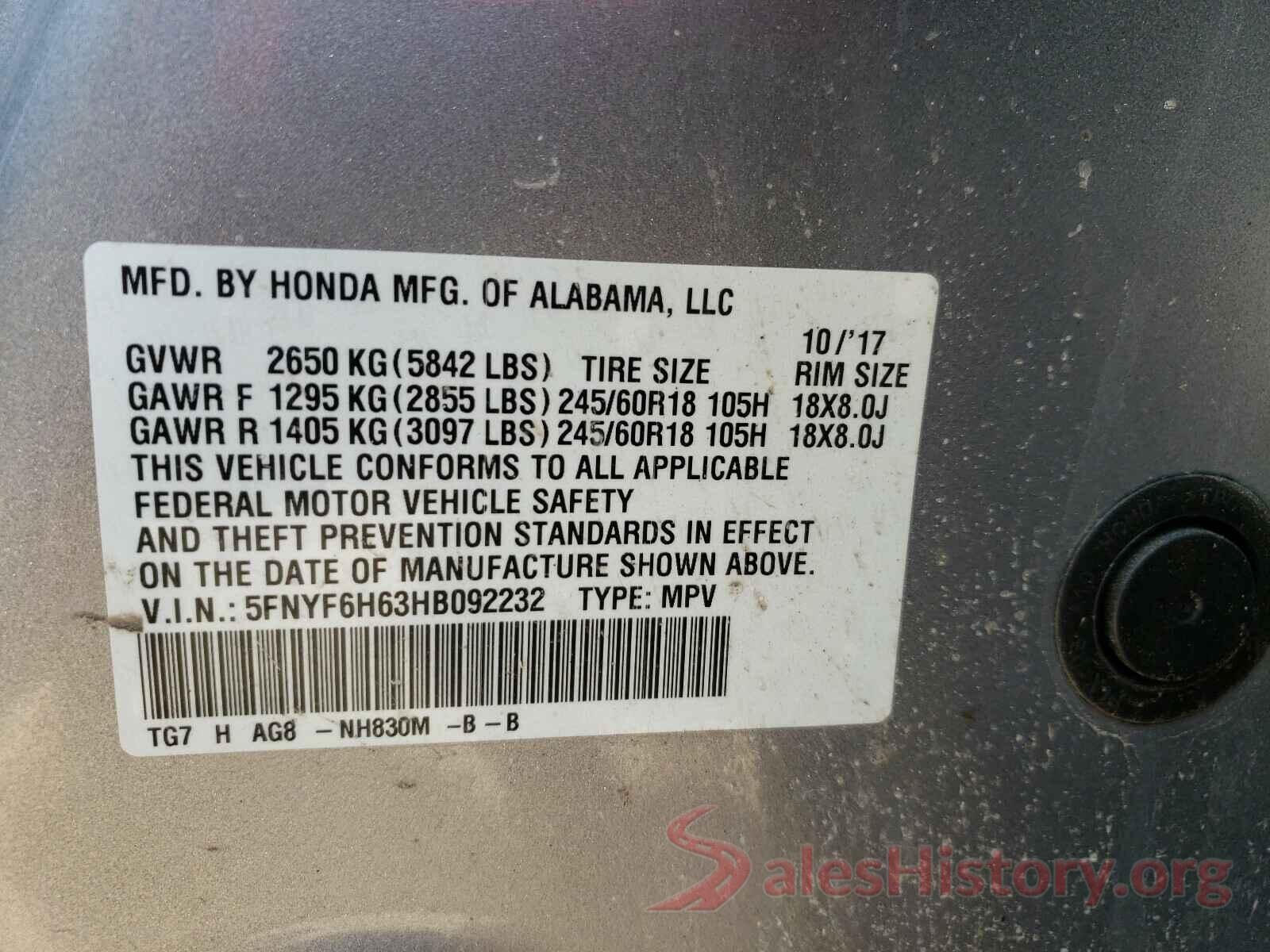 5FNYF6H63HB092232 2017 HONDA PILOT