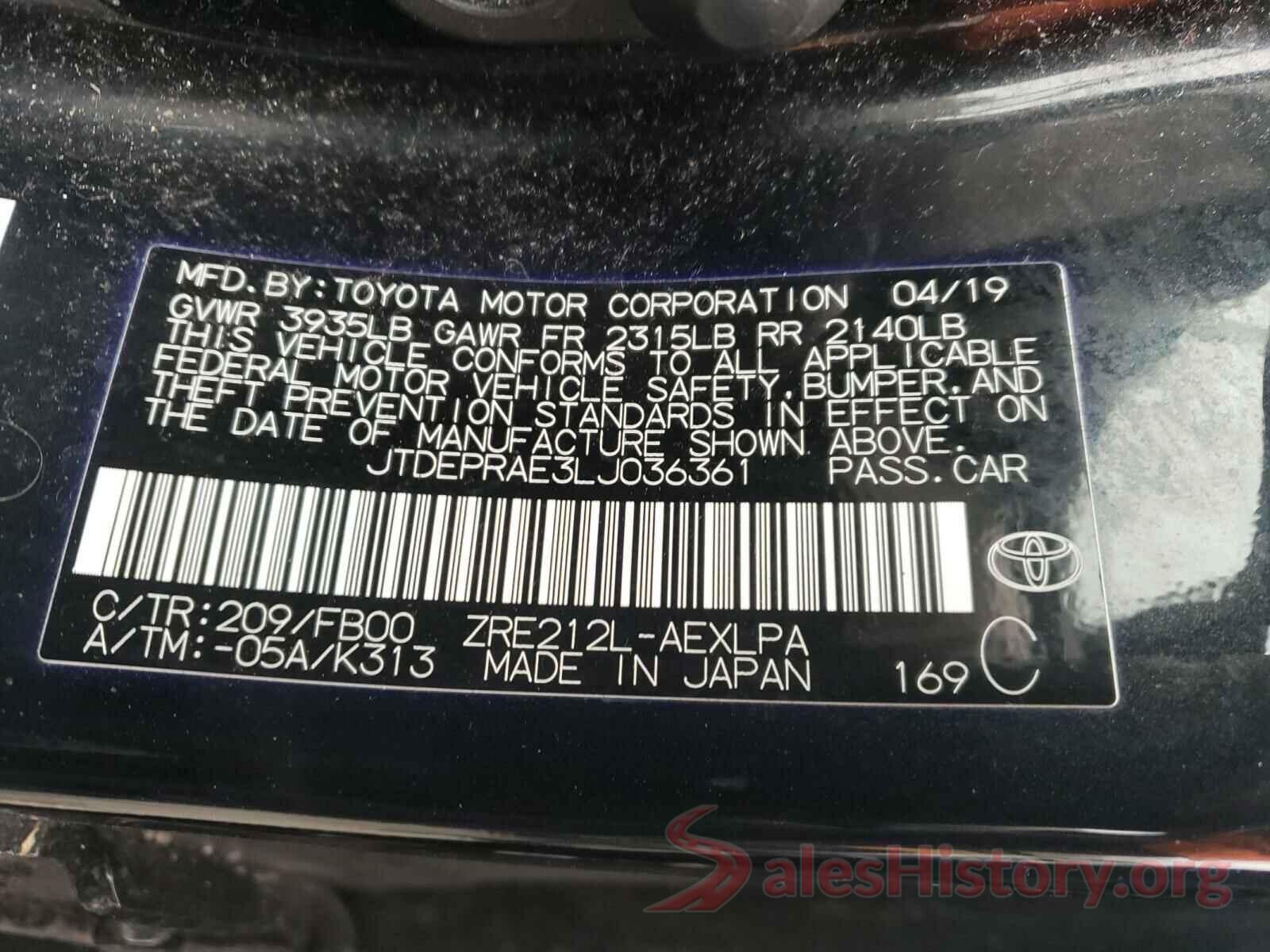 JTDEPRAE3LJ036361 2020 TOYOTA COROLLA