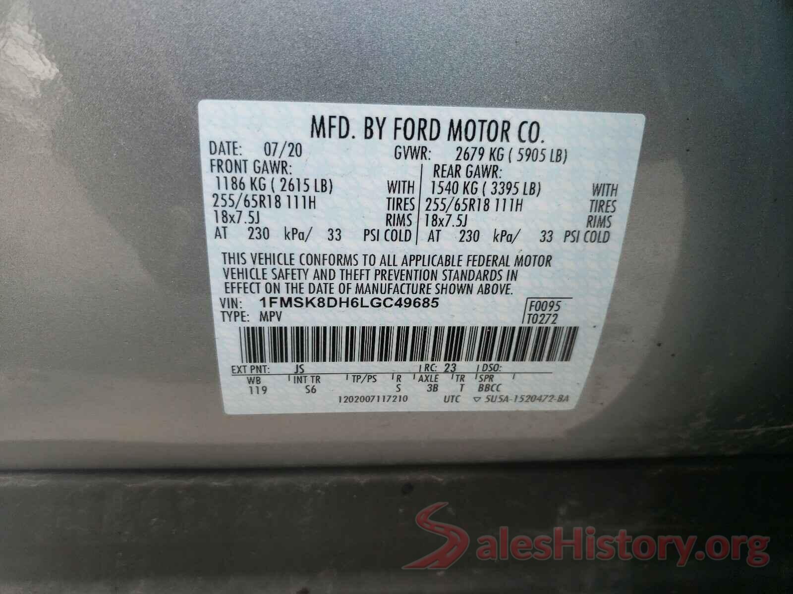 1FMSK8DH6LGC49685 2020 FORD EXPLORER