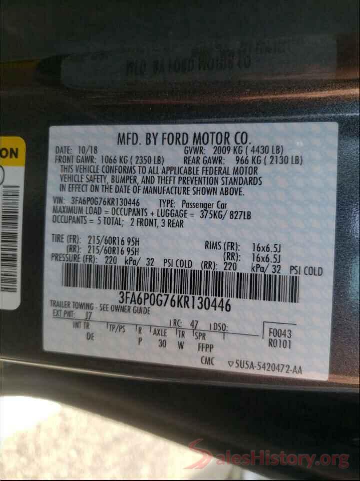 3FA6P0G76KR130446 2019 FORD FUSION