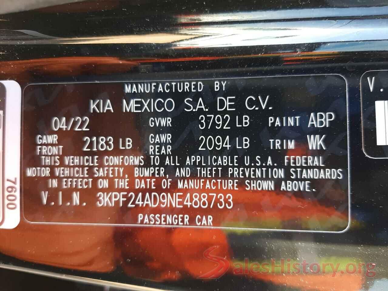 3KPF24AD9NE488733 2022 KIA FORTE