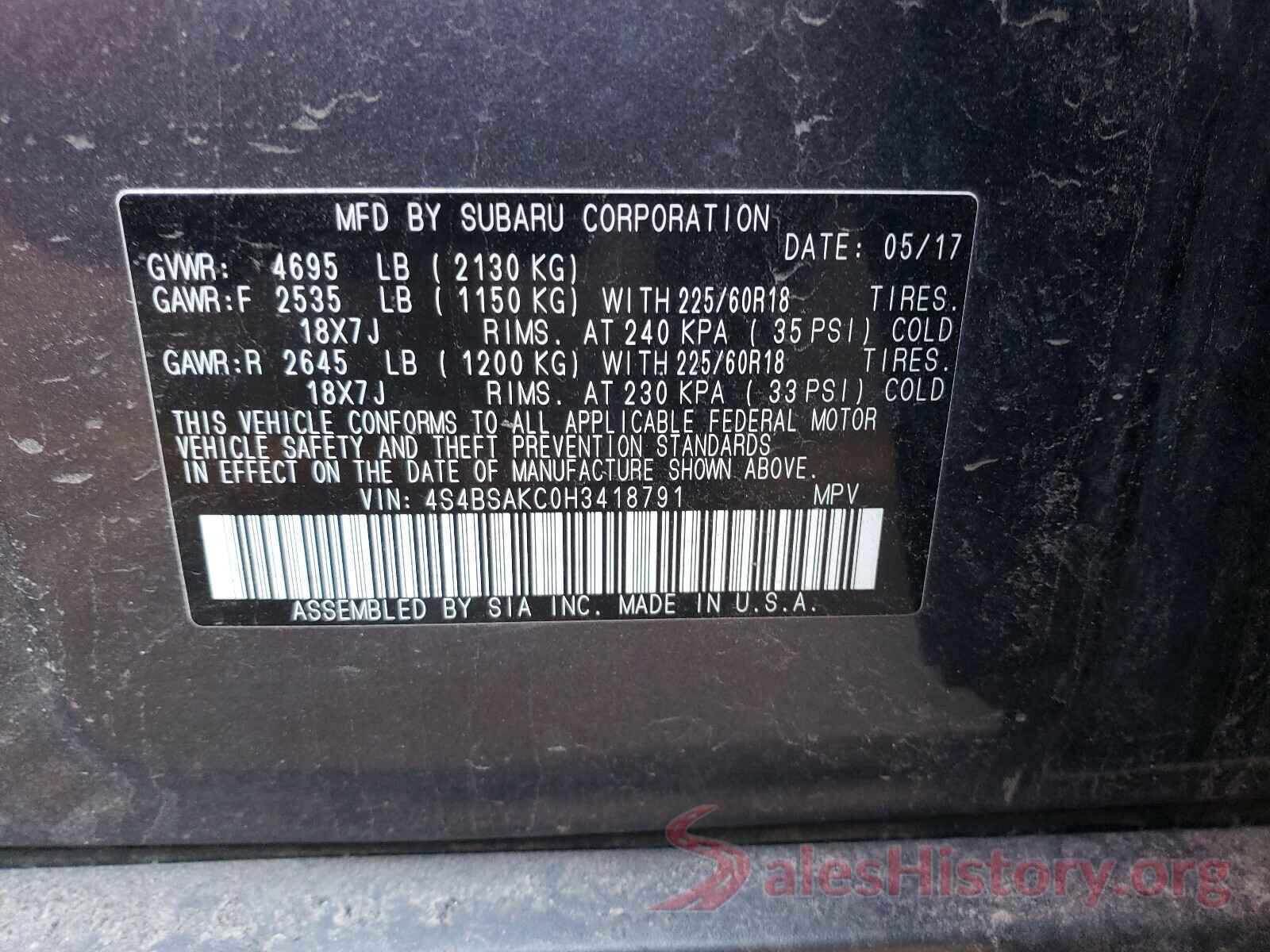 4S4BSAKC0H3418791 2017 SUBARU OUTBACK