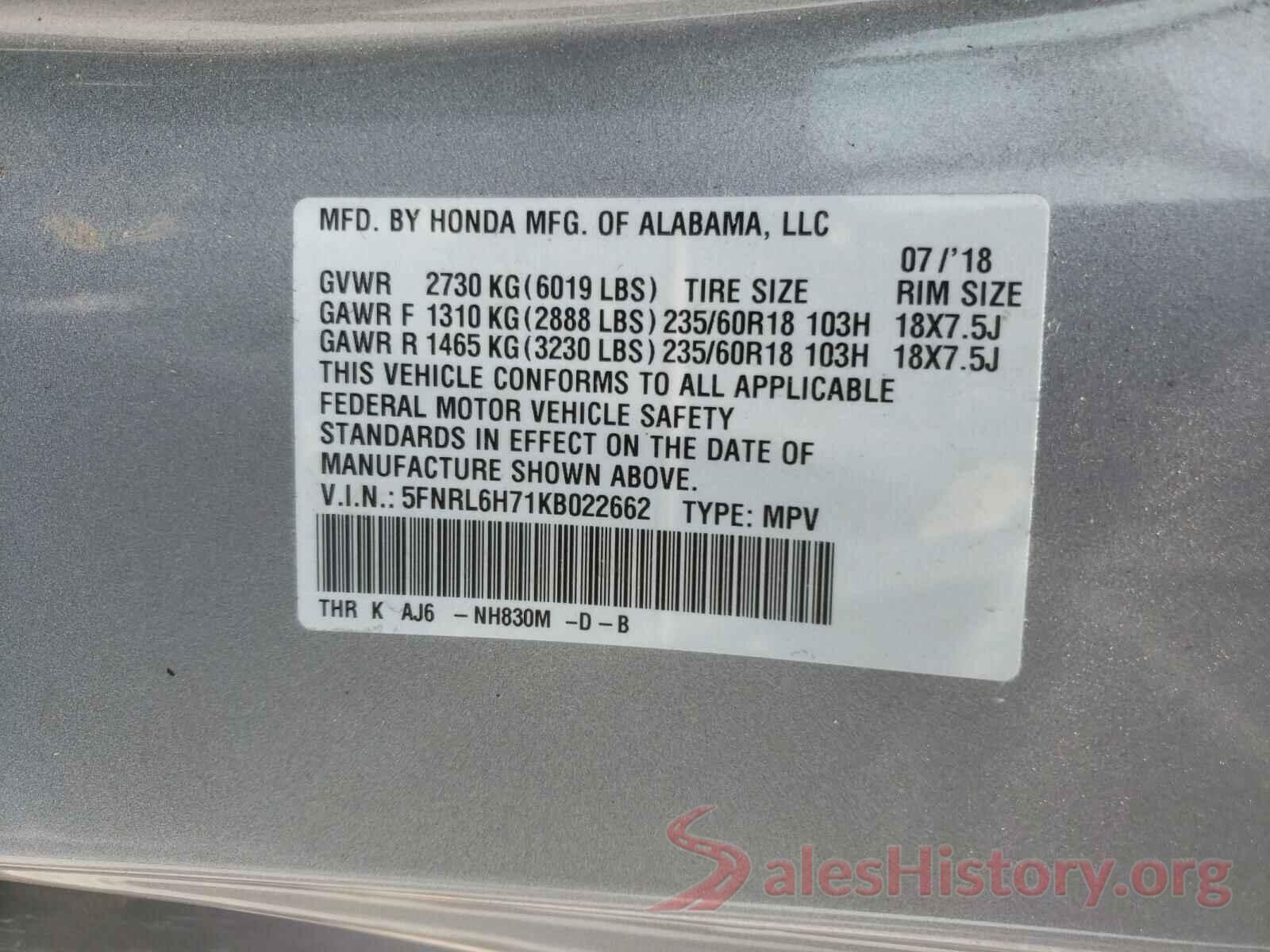 5FNRL6H71KB022662 2019 HONDA ODYSSEY